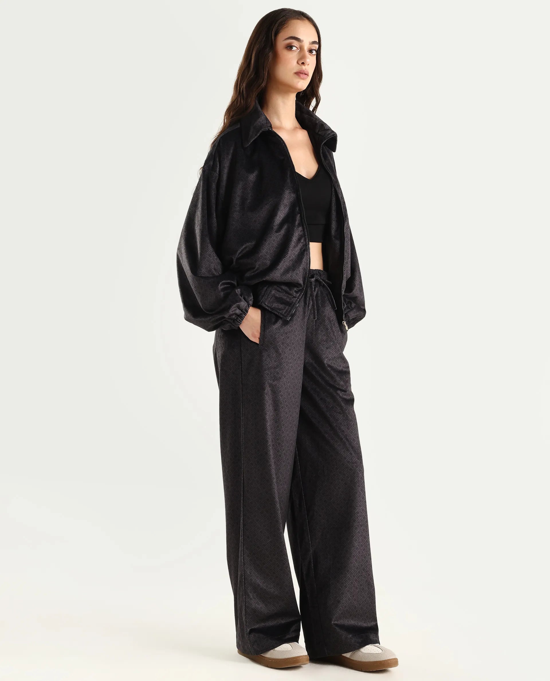 Rareism Women's Jacamo-B Black Polyester Straight Monogram Print Trouser
