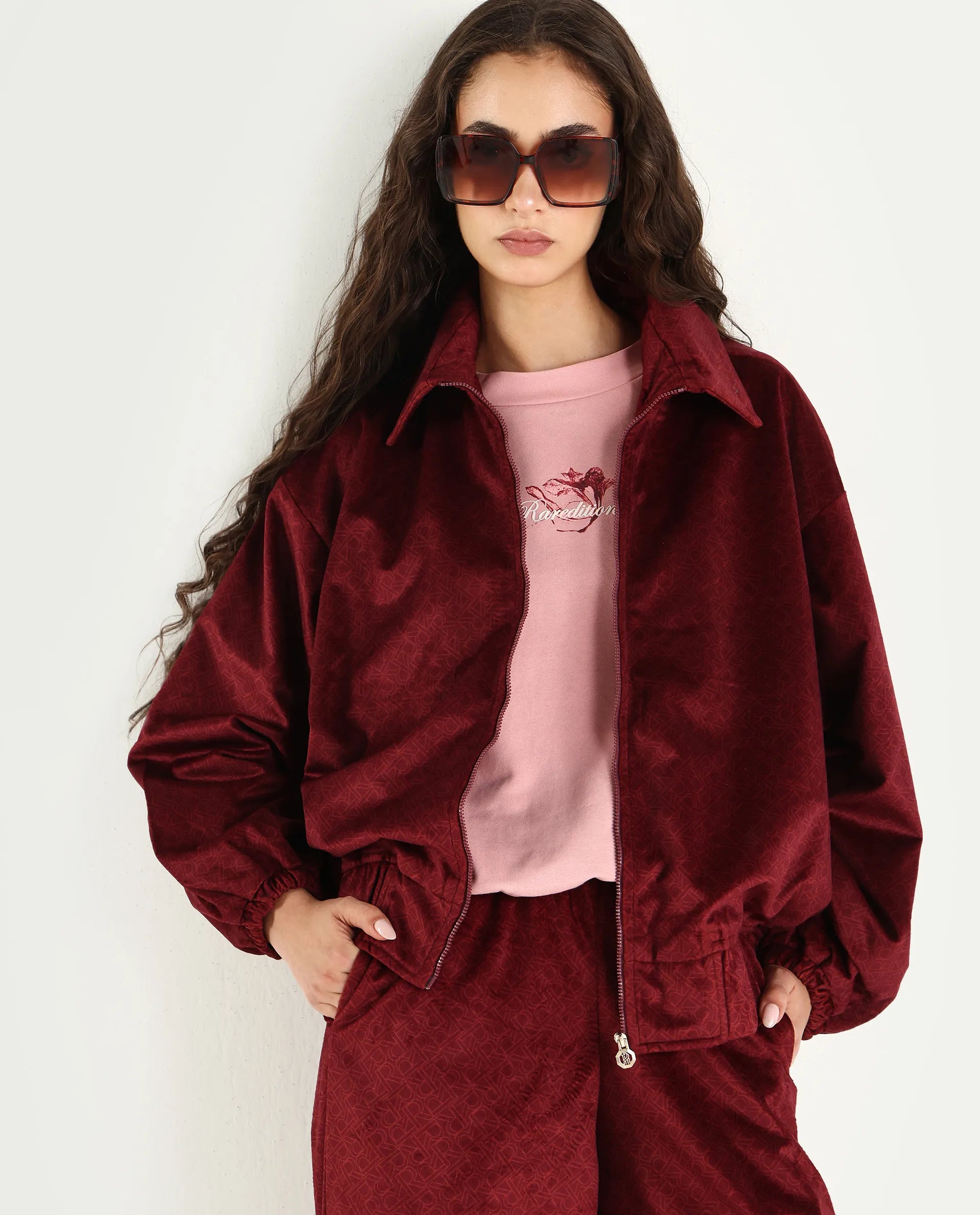 Rareism Women's Jacamo-T Maroon Polyester Spread Collar Relaxed Monogram Print Jacket