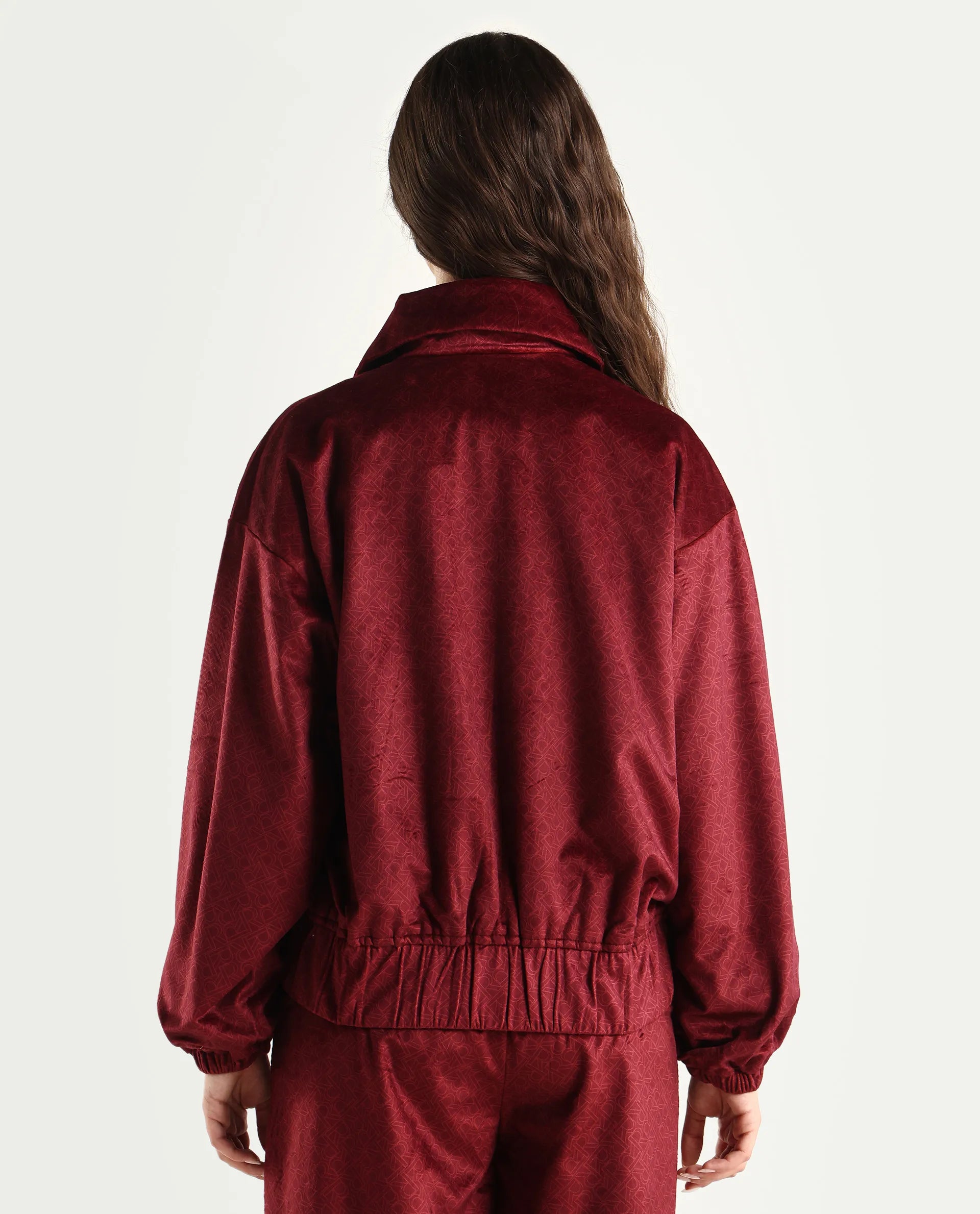 Rareism Women's Jacamo-T Maroon Polyester Spread Collar Relaxed Monogram Print Jacket