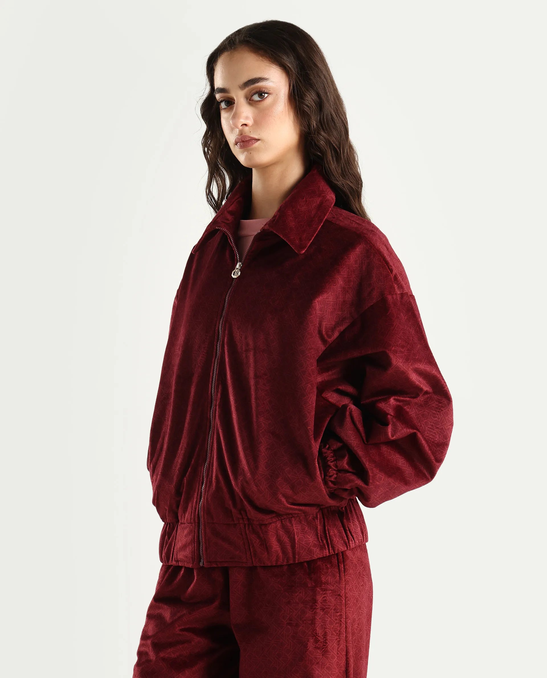 Rareism Women's Jacamo-T Maroon Polyester Spread Collar Relaxed Monogram Print Jacket