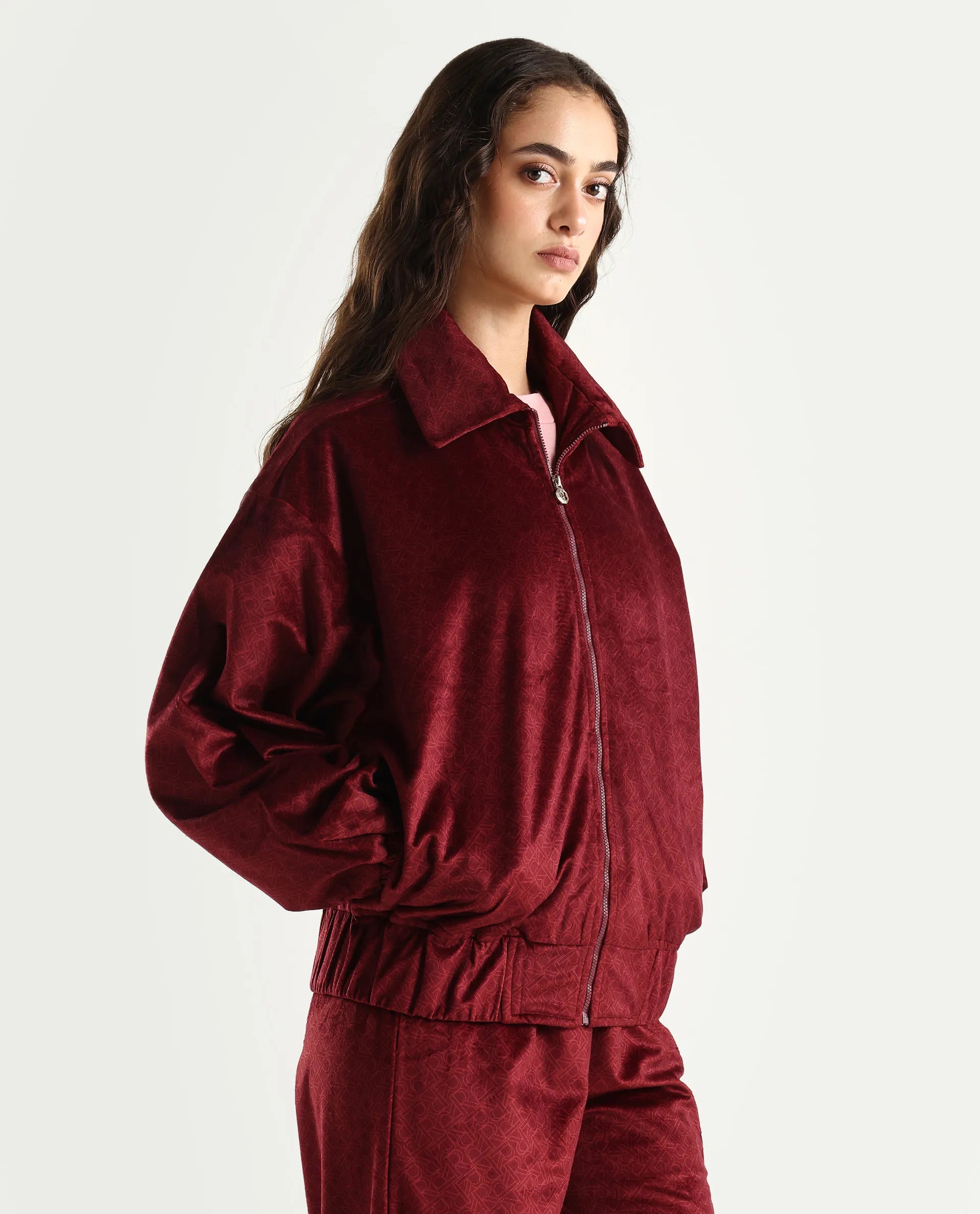 Rareism Women's Jacamo-T Maroon Polyester Spread Collar Relaxed Monogram Print Jacket