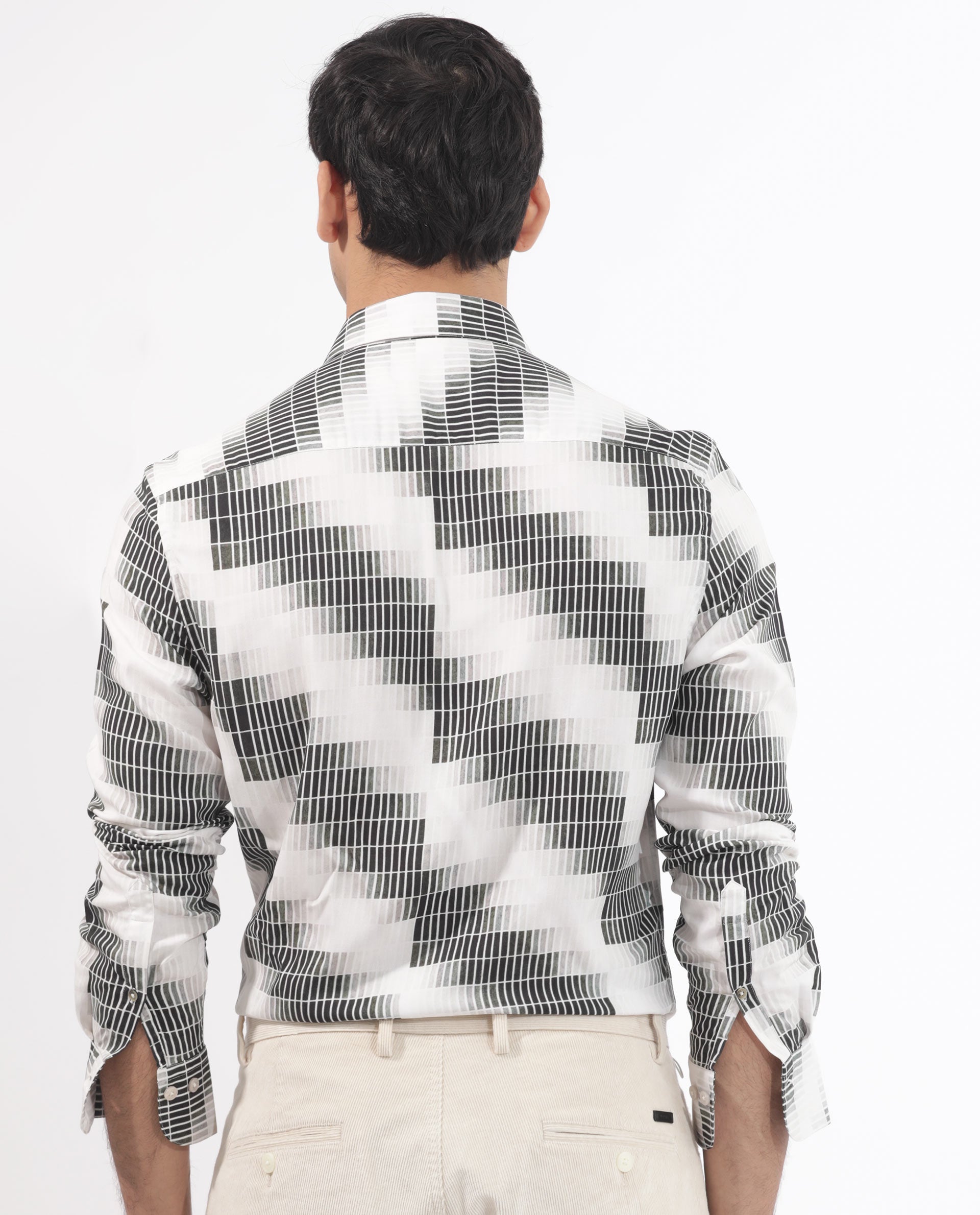 Rare Rabbit Mens Jace Black Viscose Fabric Full Sleeve Geometric Print Shirt