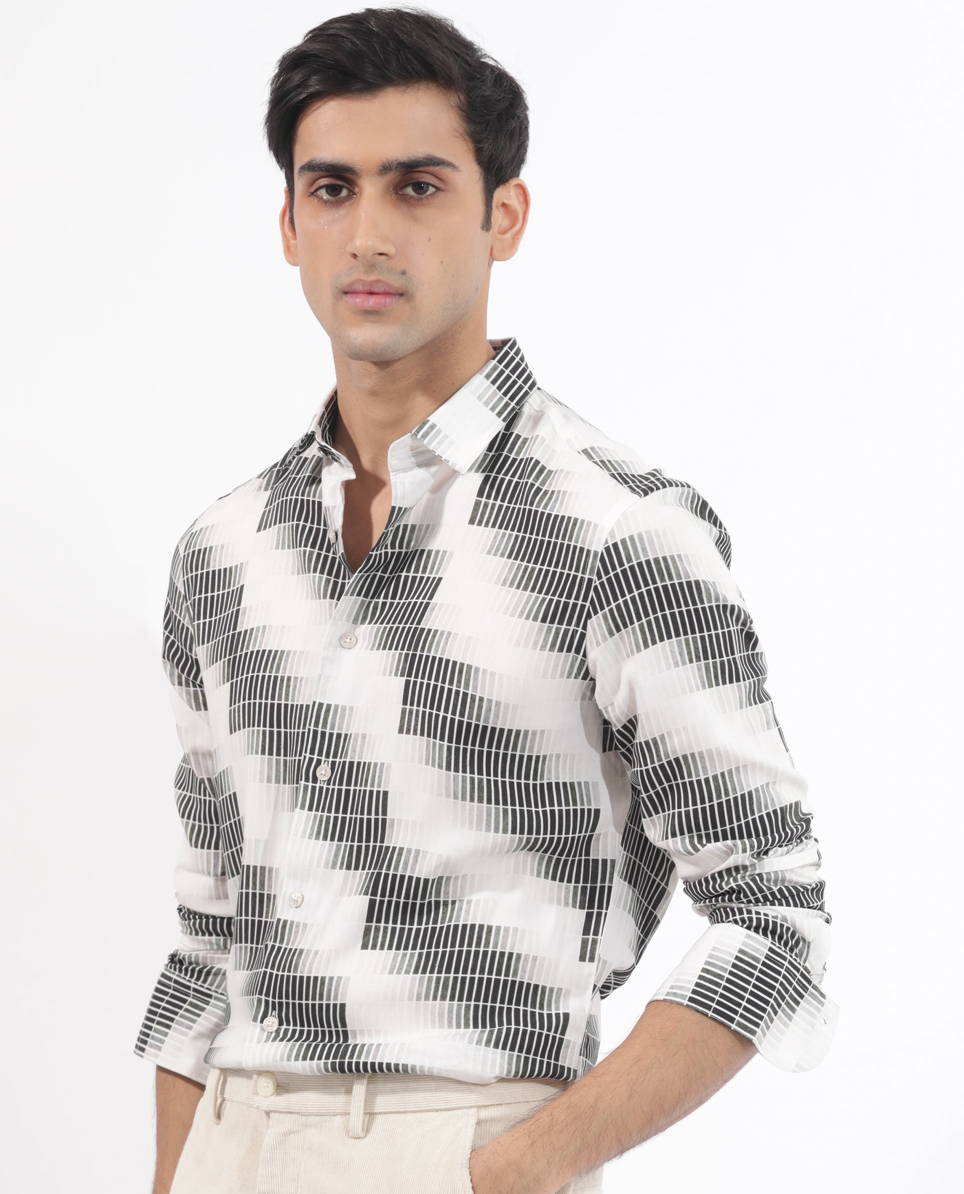 Rare Rabbit Mens Jace Black Viscose Fabric Full Sleeve Geometric Print Shirt