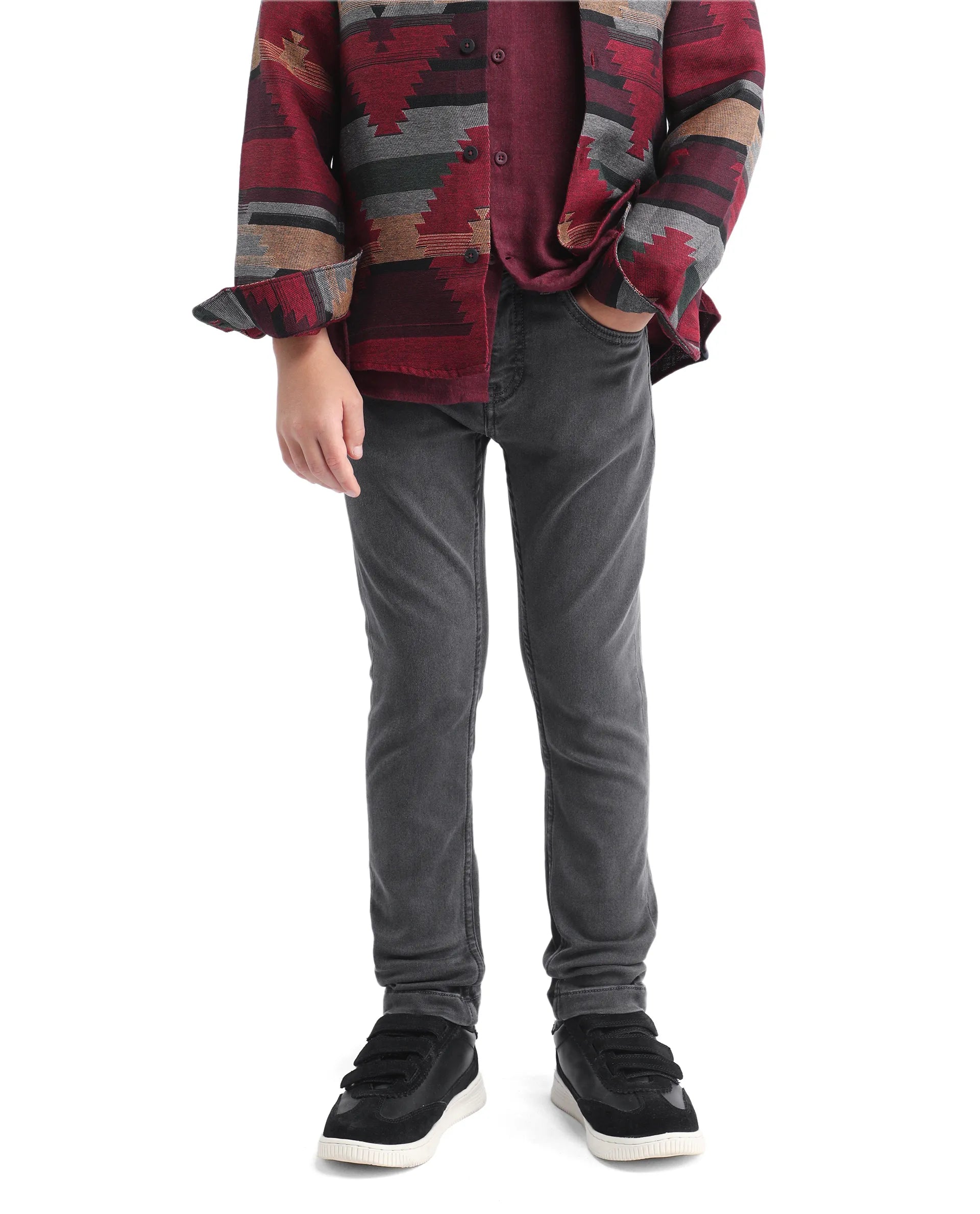 Rare Ones Kids Jace-K Grey Cotton Solid Button Closure Slim Fit Fit Denim Pant