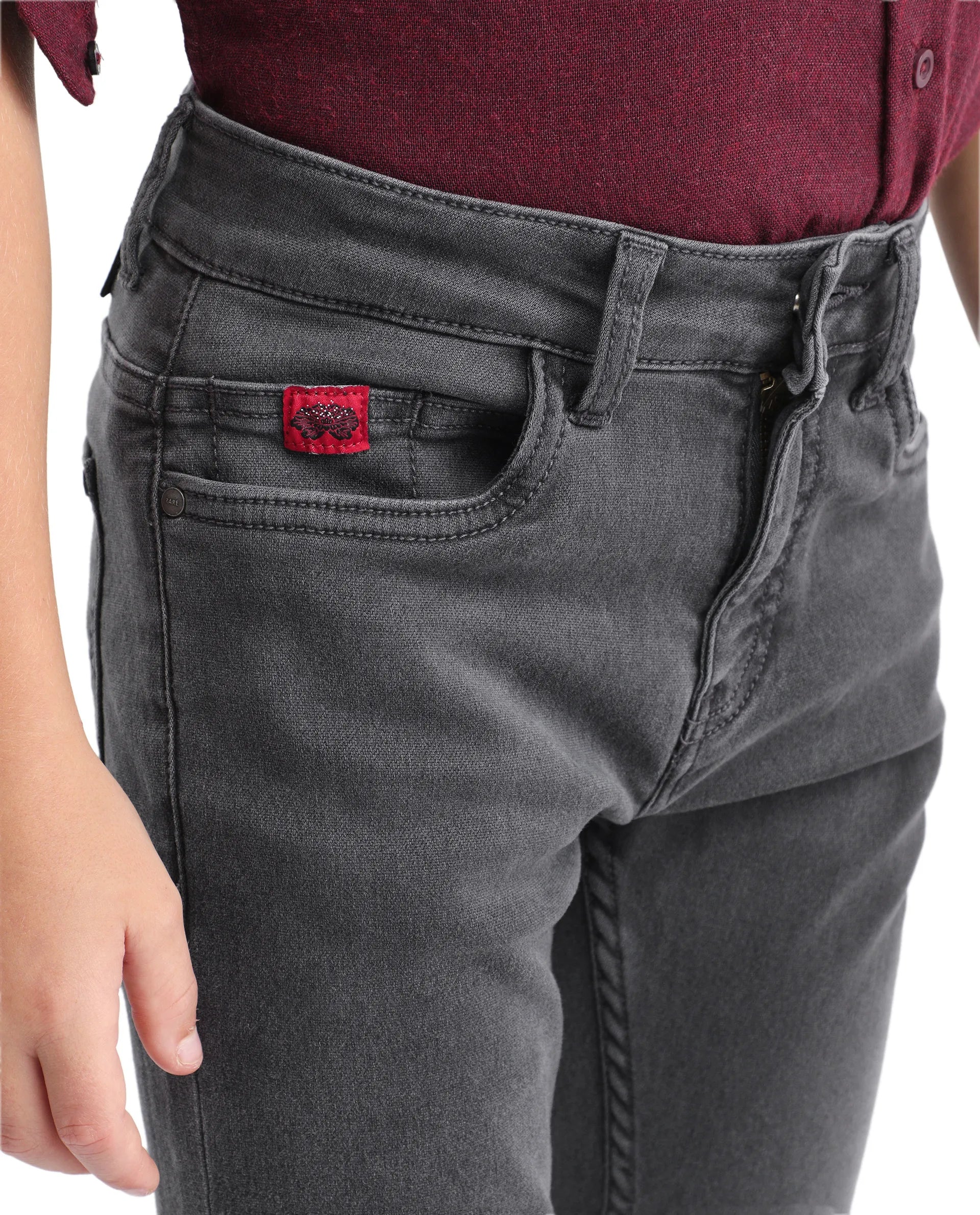 Rare Ones Kids Jace-K Grey Cotton Solid Button Closure Slim Fit Fit Denim Pant
