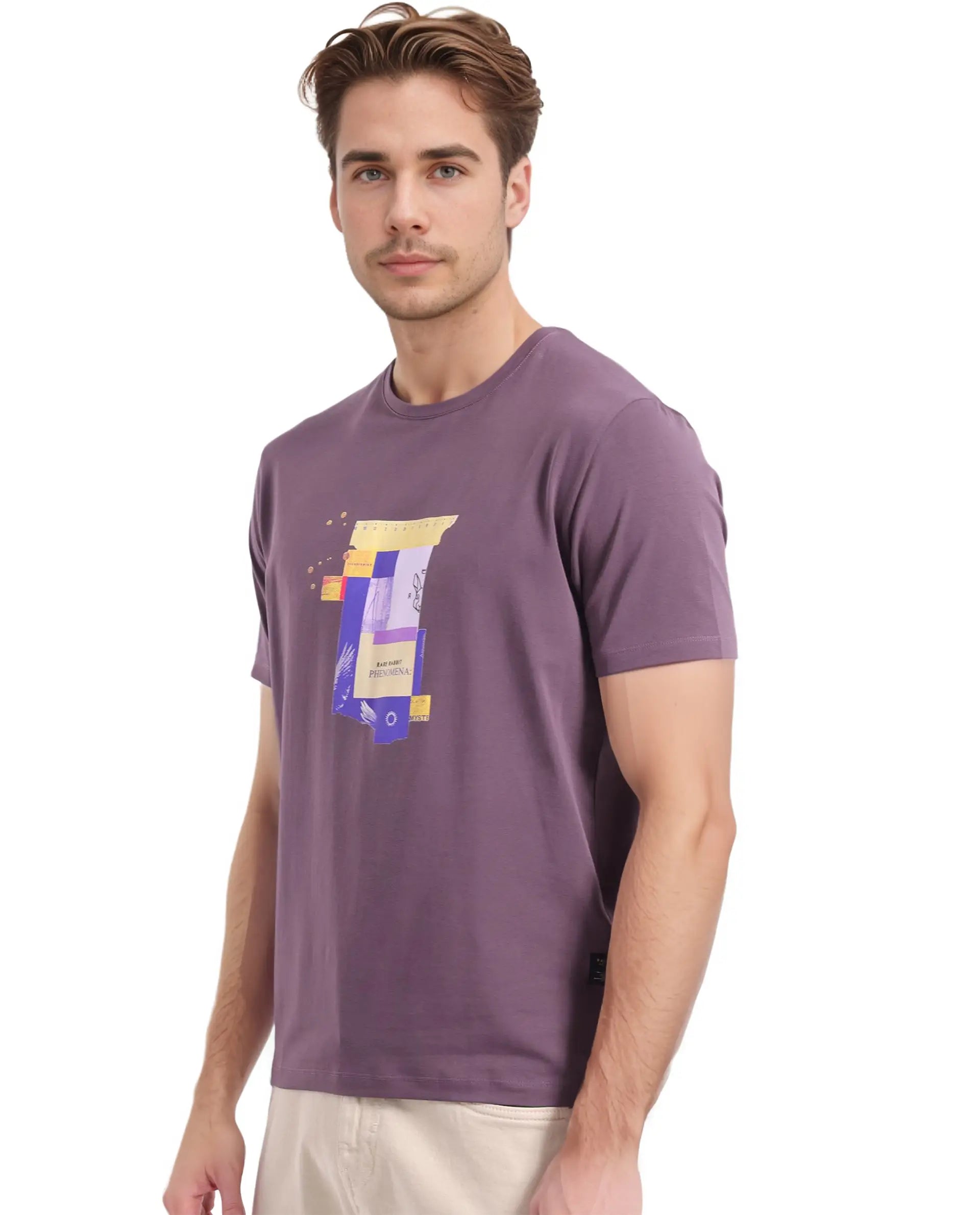Rare Rabbit Men Jaceb Dusky Purple Short Sleeve Crew Neck Printed T-Shirt