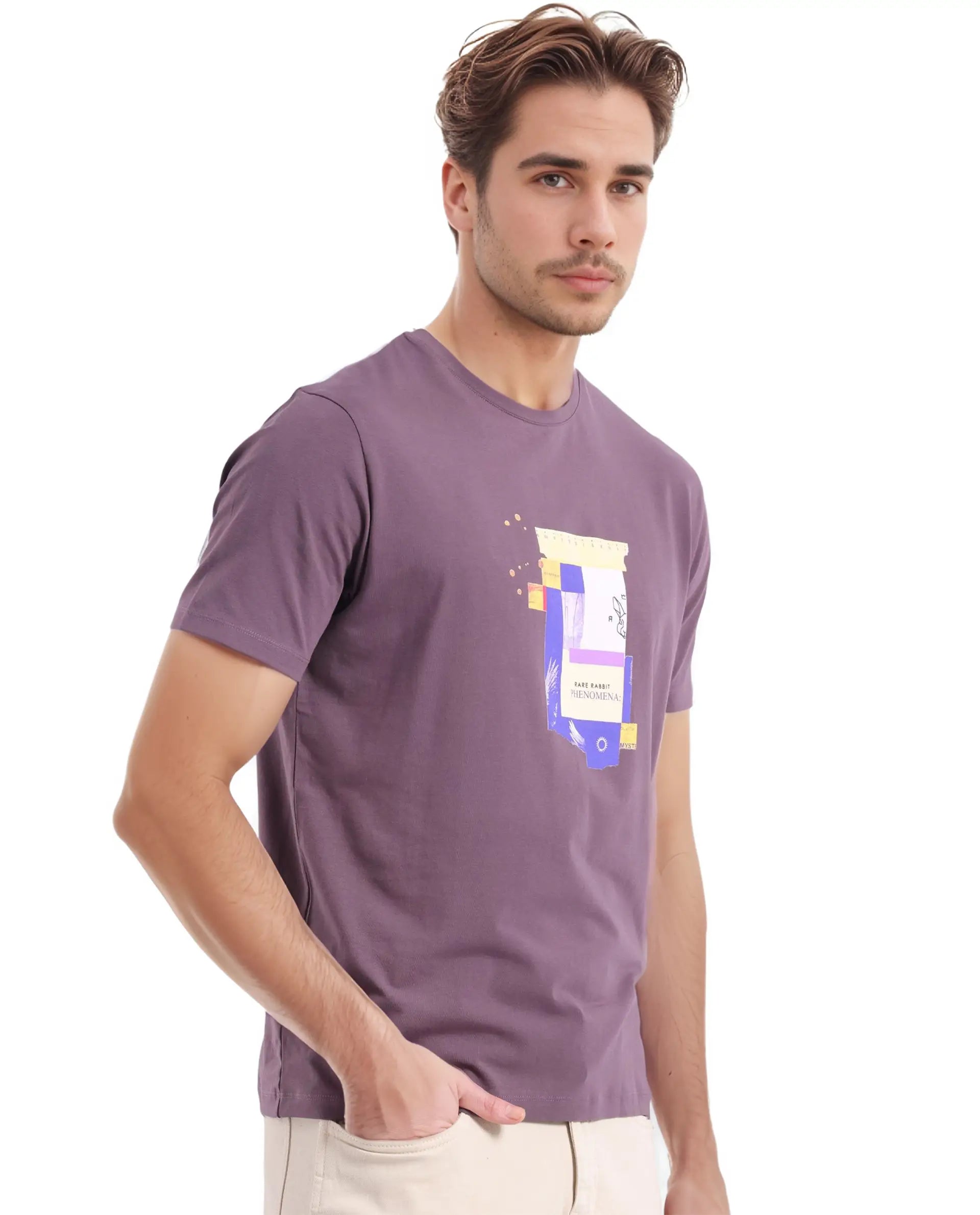 Rare Rabbit Men Jaceb Dusky Purple Short Sleeve Crew Neck Printed T-Shirt