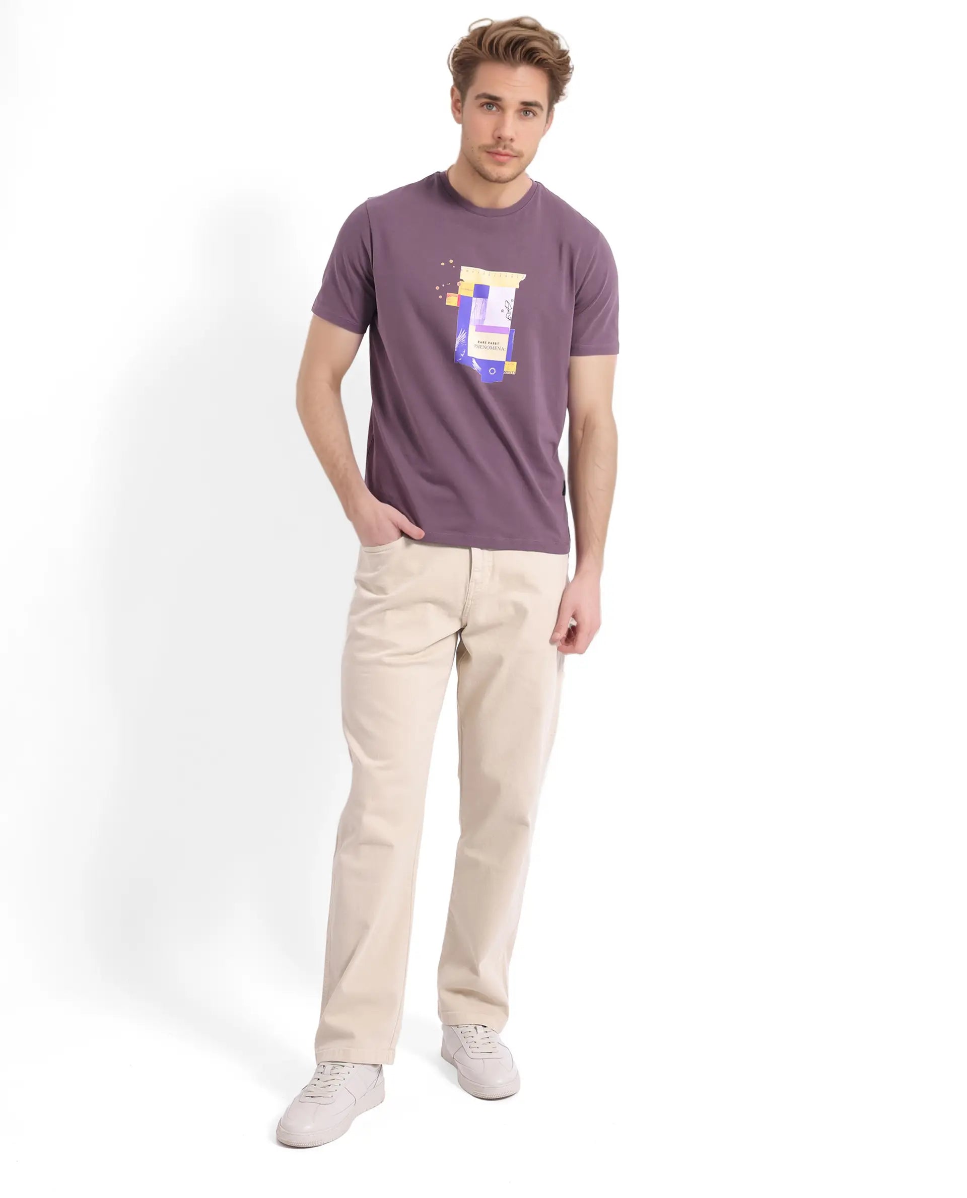 Rare Rabbit Men Jaceb Dusky Purple Short Sleeve Crew Neck Printed T-Shirt