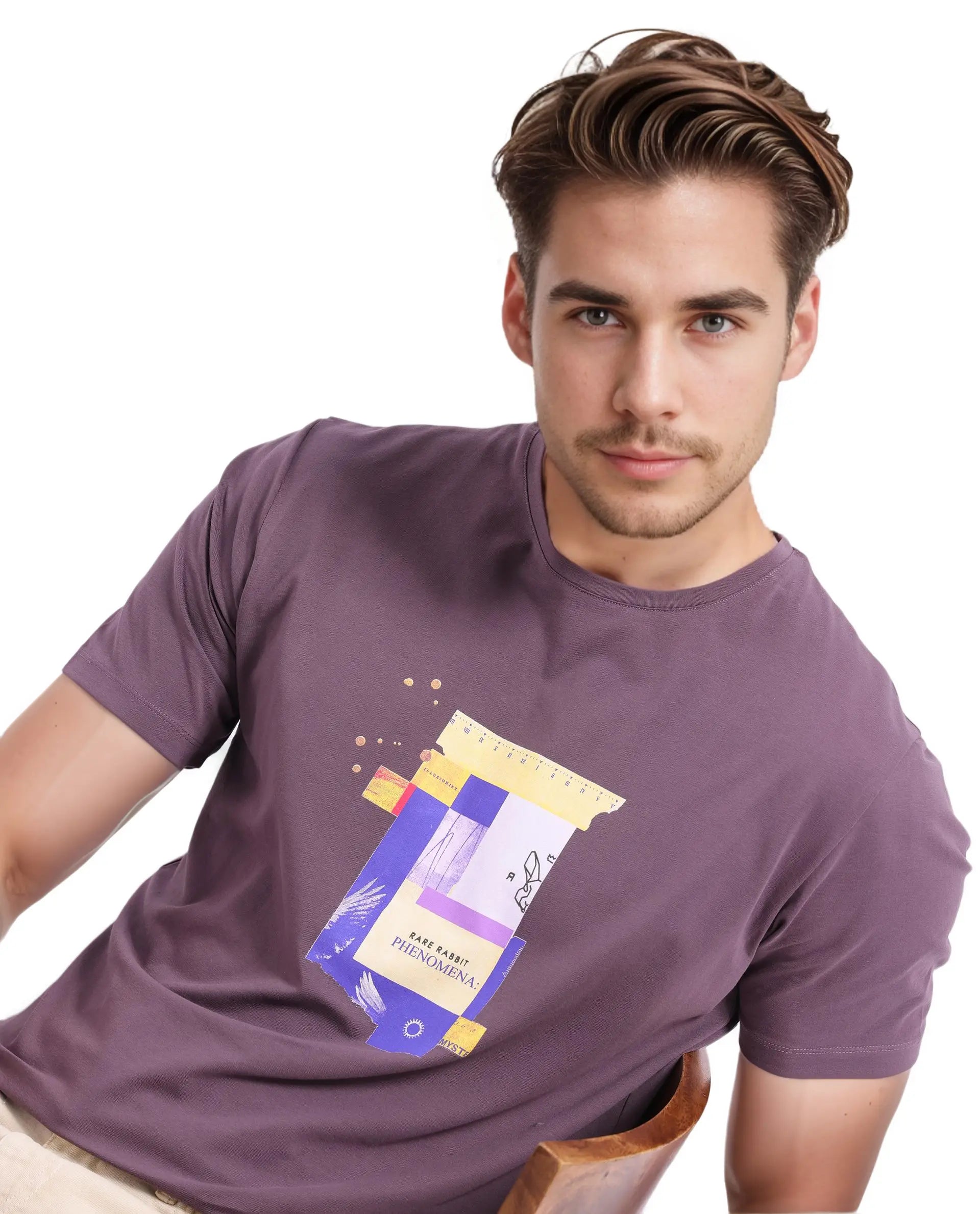 Rare Rabbit Men Jaceb Dusky Purple Short Sleeve Crew Neck Printed T-Shirt