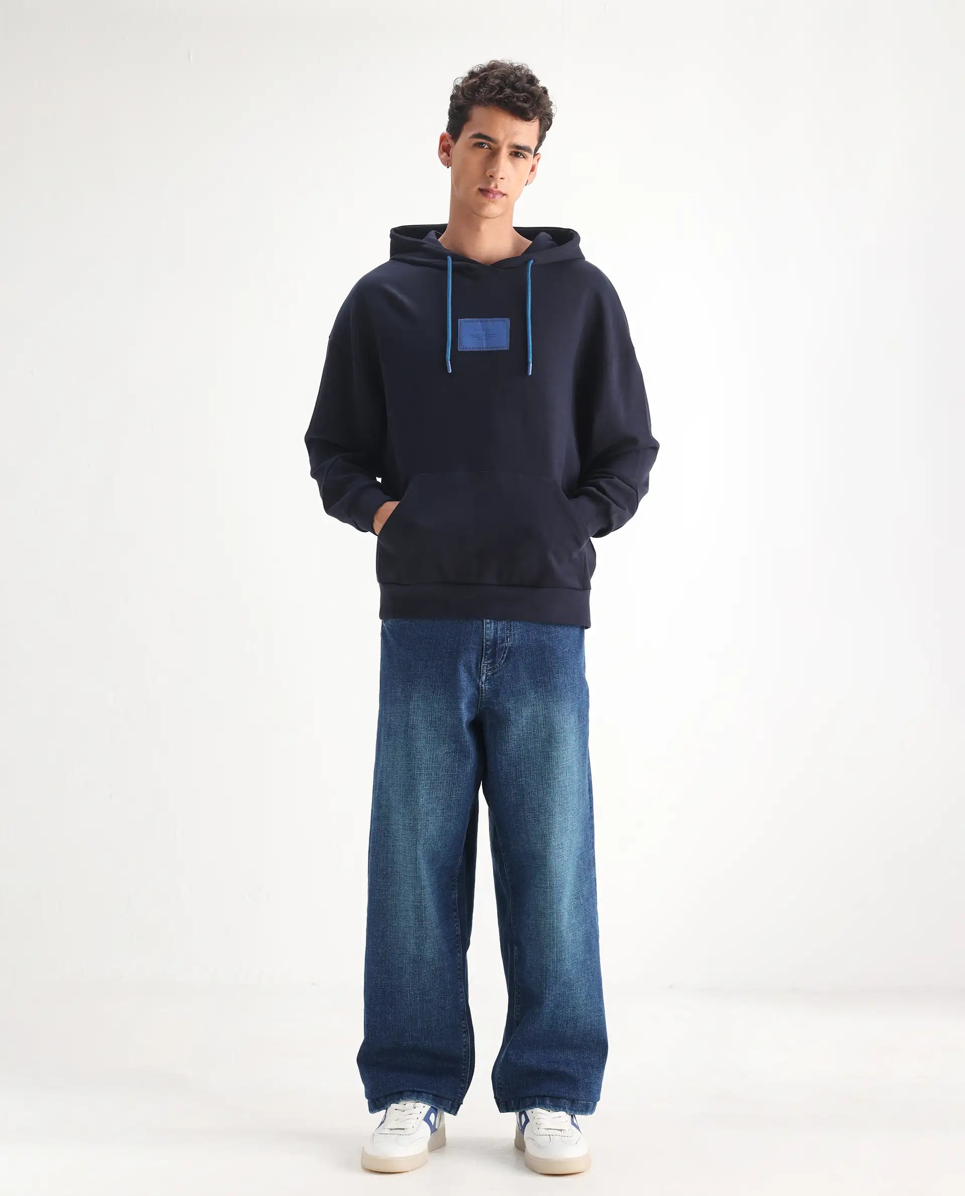 Rare Rabbit Men's Jace Blue Cotton Blend Plain Baggy Fit Jeans