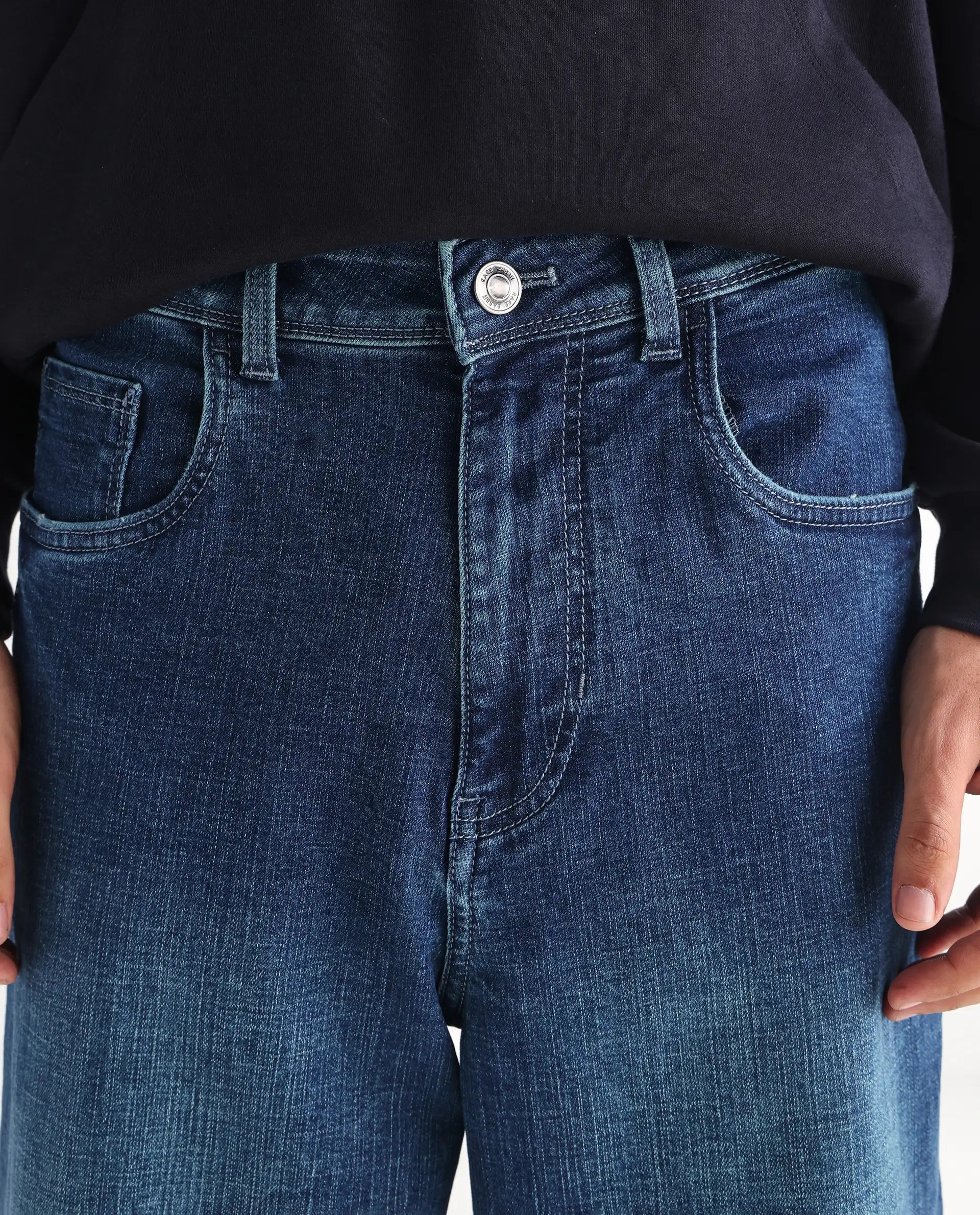 Rare Rabbit Men's Jace Blue Cotton Blend Plain Baggy Fit Jeans