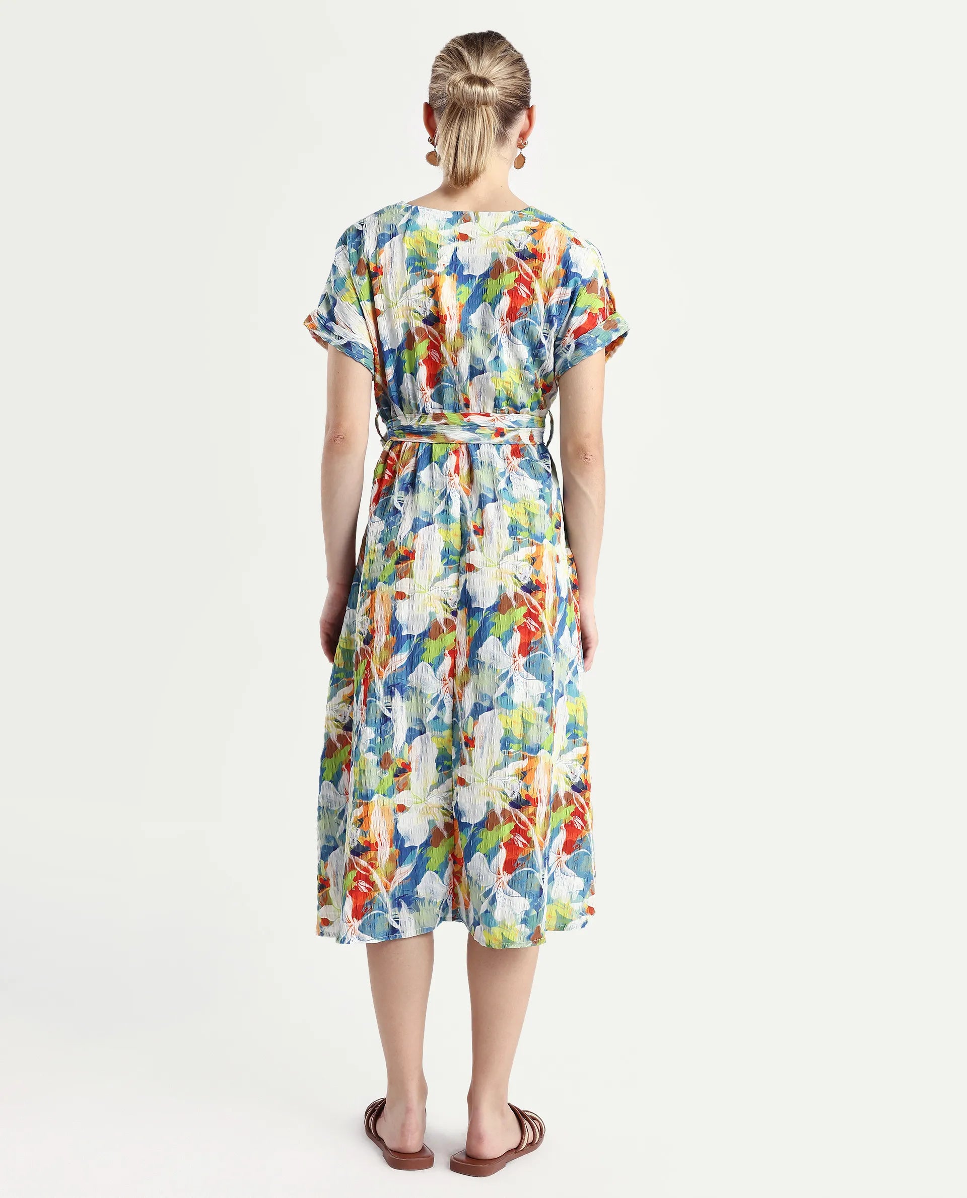 Rareism Women's Jaci Light Multi Polyester Overlap Neck Floral Print Extended Sleeves Midi Fit And Flare Dress