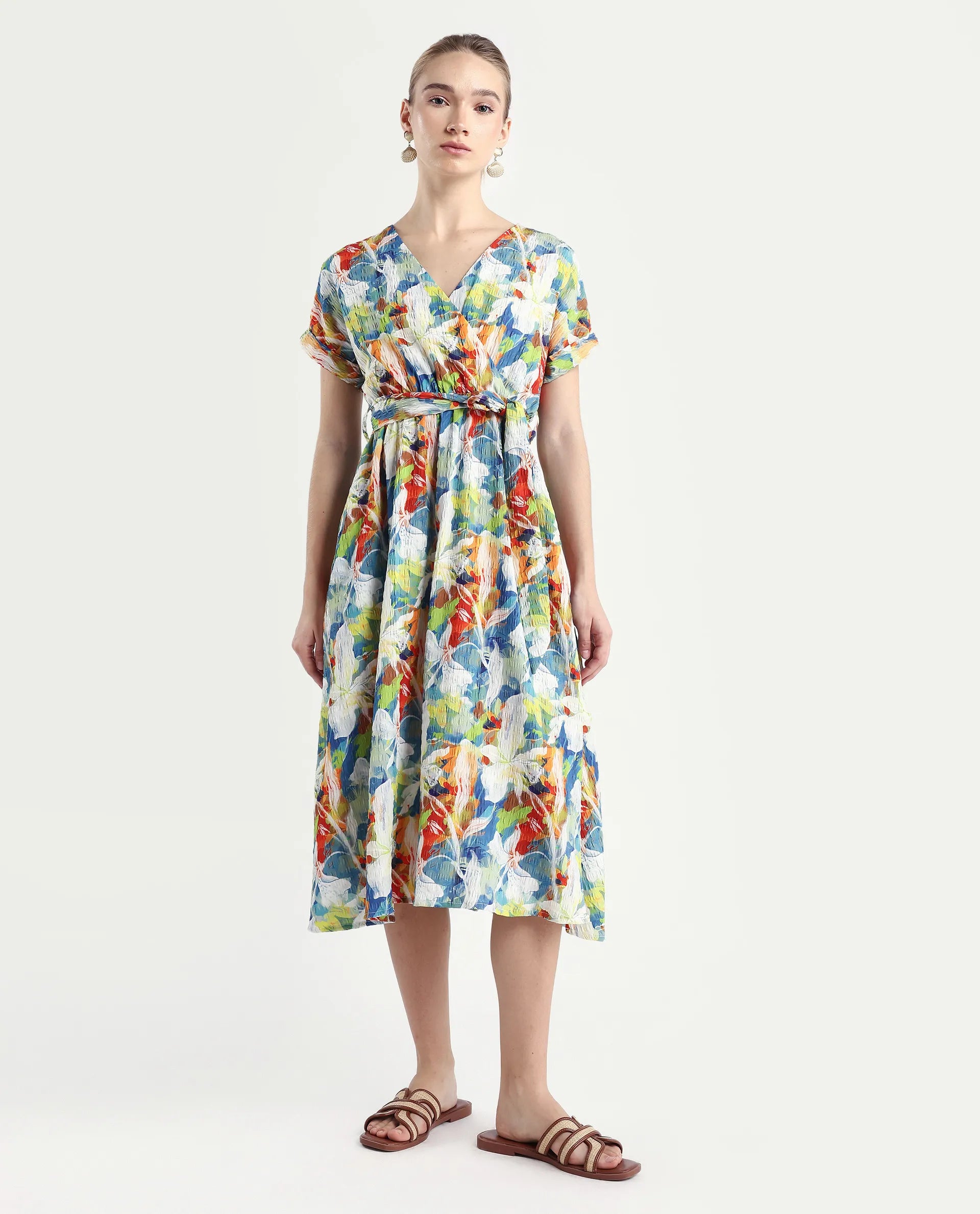 Rareism Women's Jaci Light Multi Polyester Overlap Neck Floral Print Extended Sleeves Midi Fit And Flare Dress