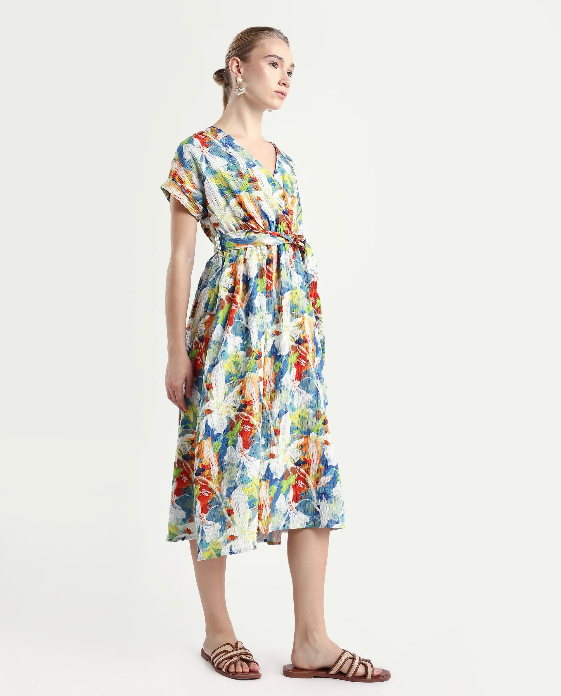 Rareism Women's Jaci Light Multi Polyester Overlap Neck Floral Print Extended Sleeves Midi Fit And Flare Dress