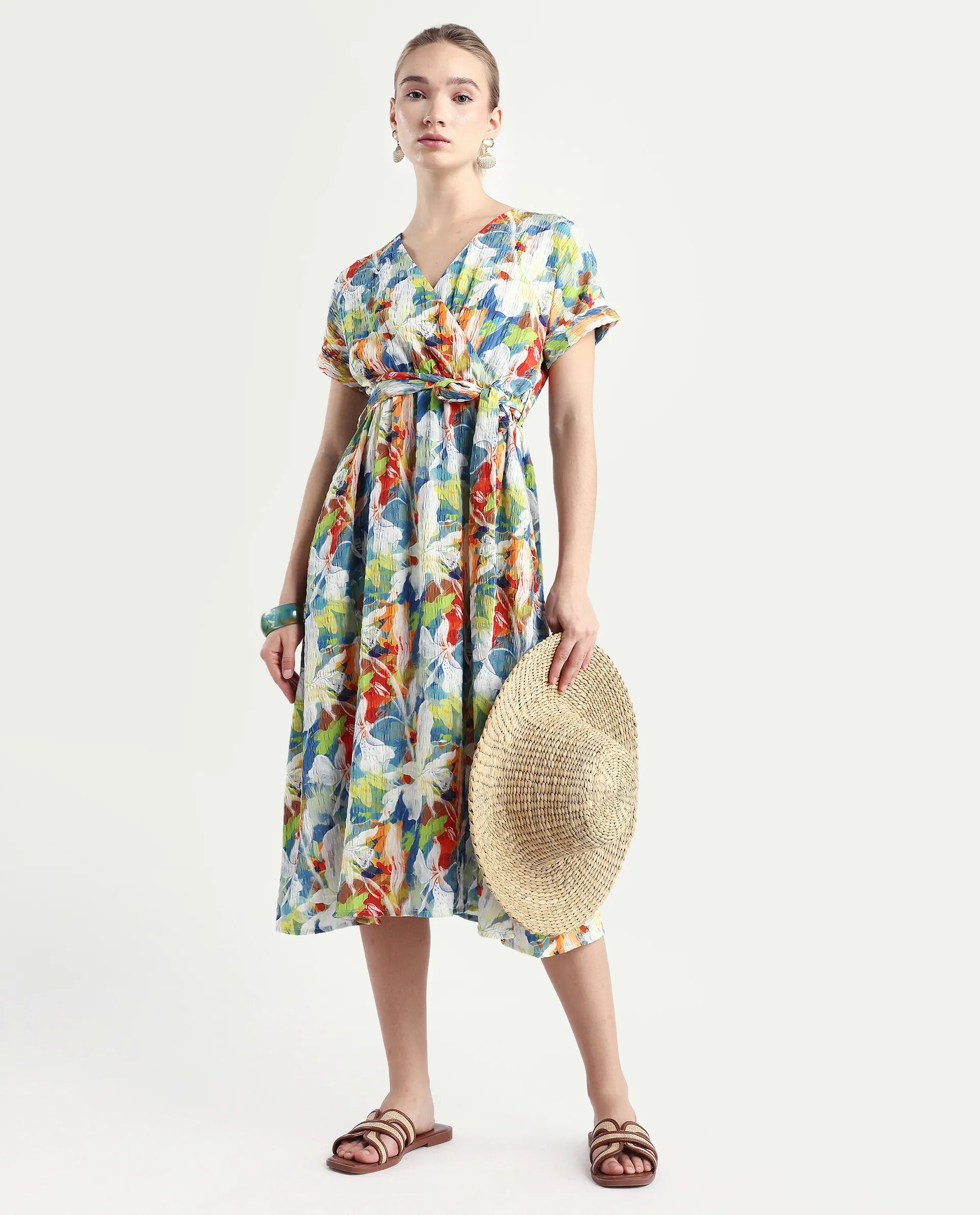 Rareism Women's Jaci Light Multi Polyester Overlap Neck Floral Print Extended Sleeves Midi Fit And Flare Dress