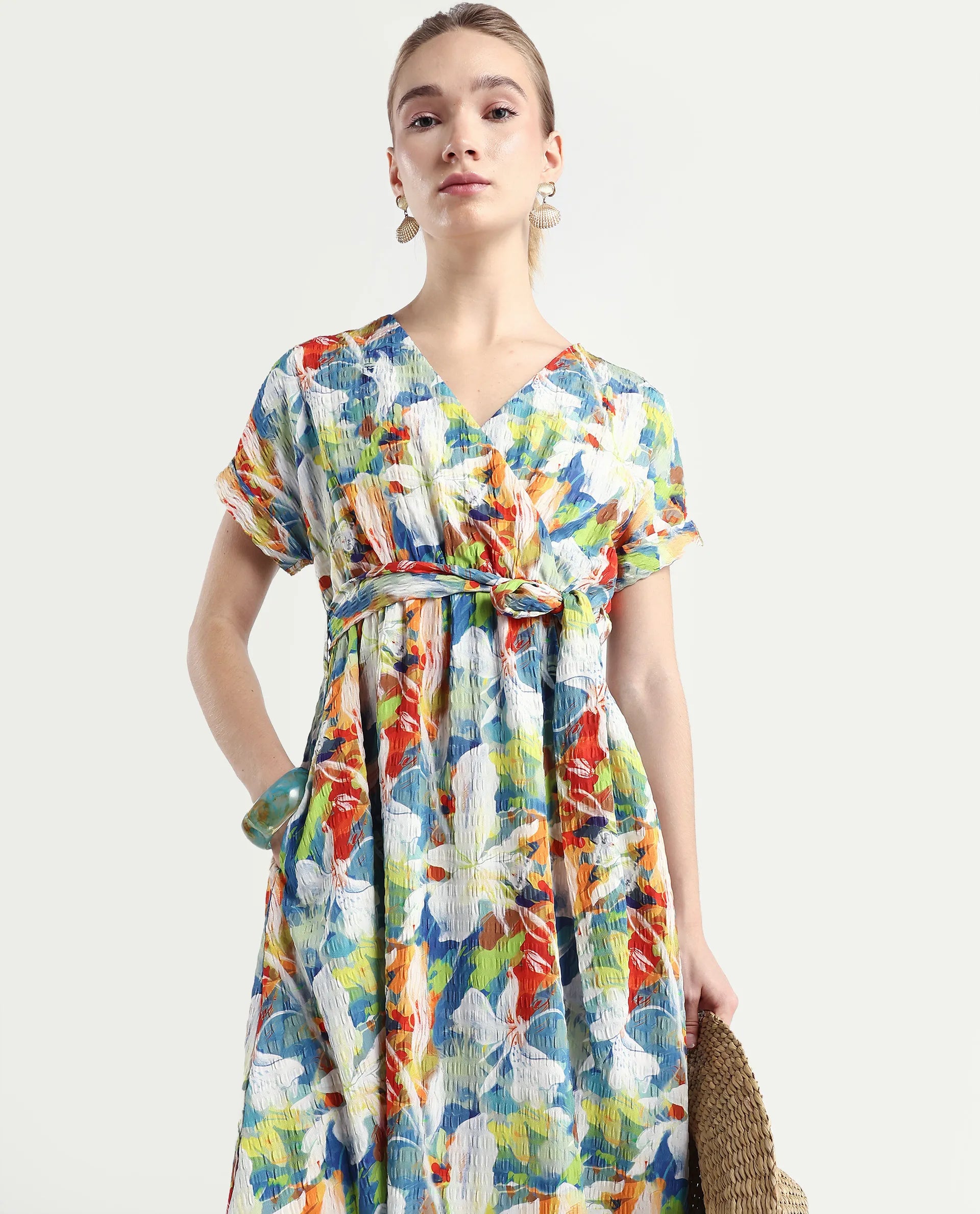 Rareism Women's Jaci Light Multi Polyester Overlap Neck Floral Print Extended Sleeves Midi Fit And Flare Dress