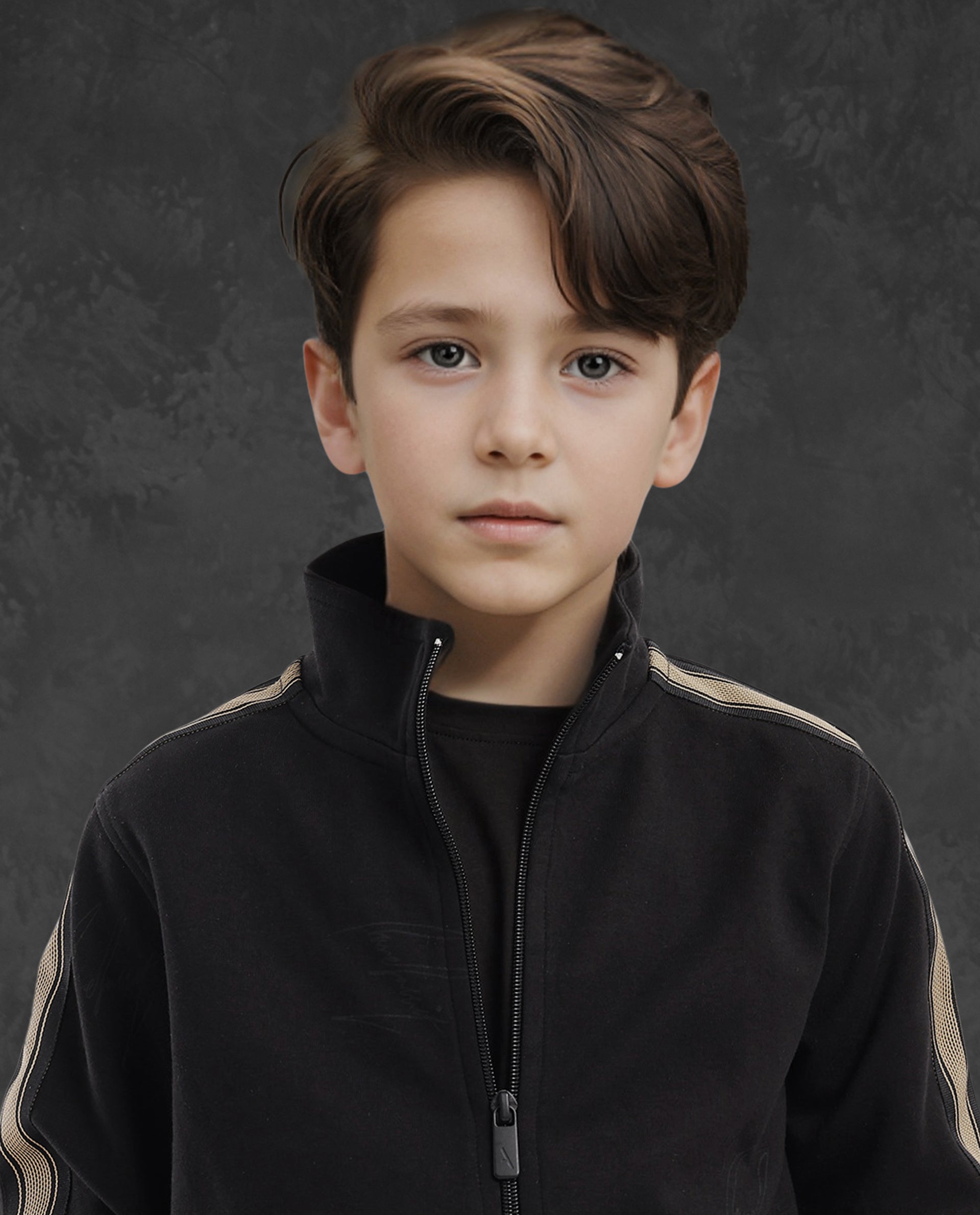 Rare Ones Kids Jacksign Black Cotton Full Sleeves High Neck Striped Sleeve Zipper Closure Solid Jacket