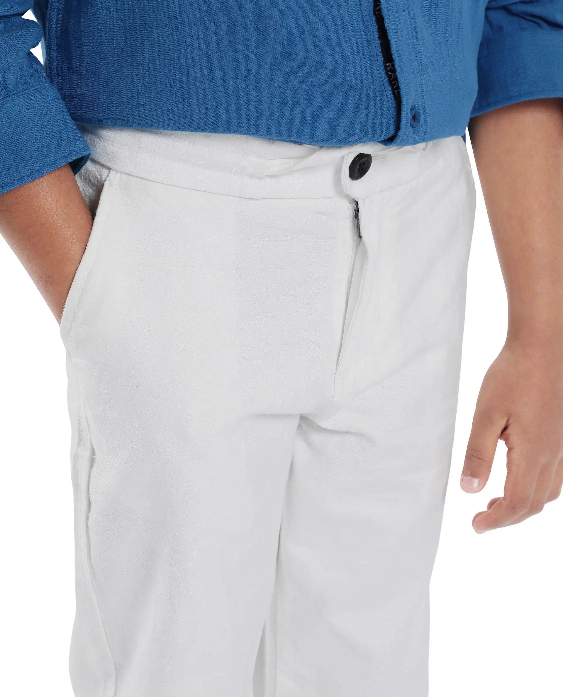Rare Ones Kids Jack Off White Cotton Plain Button & Zip & Drawstring Closure Regular Fit Trouser