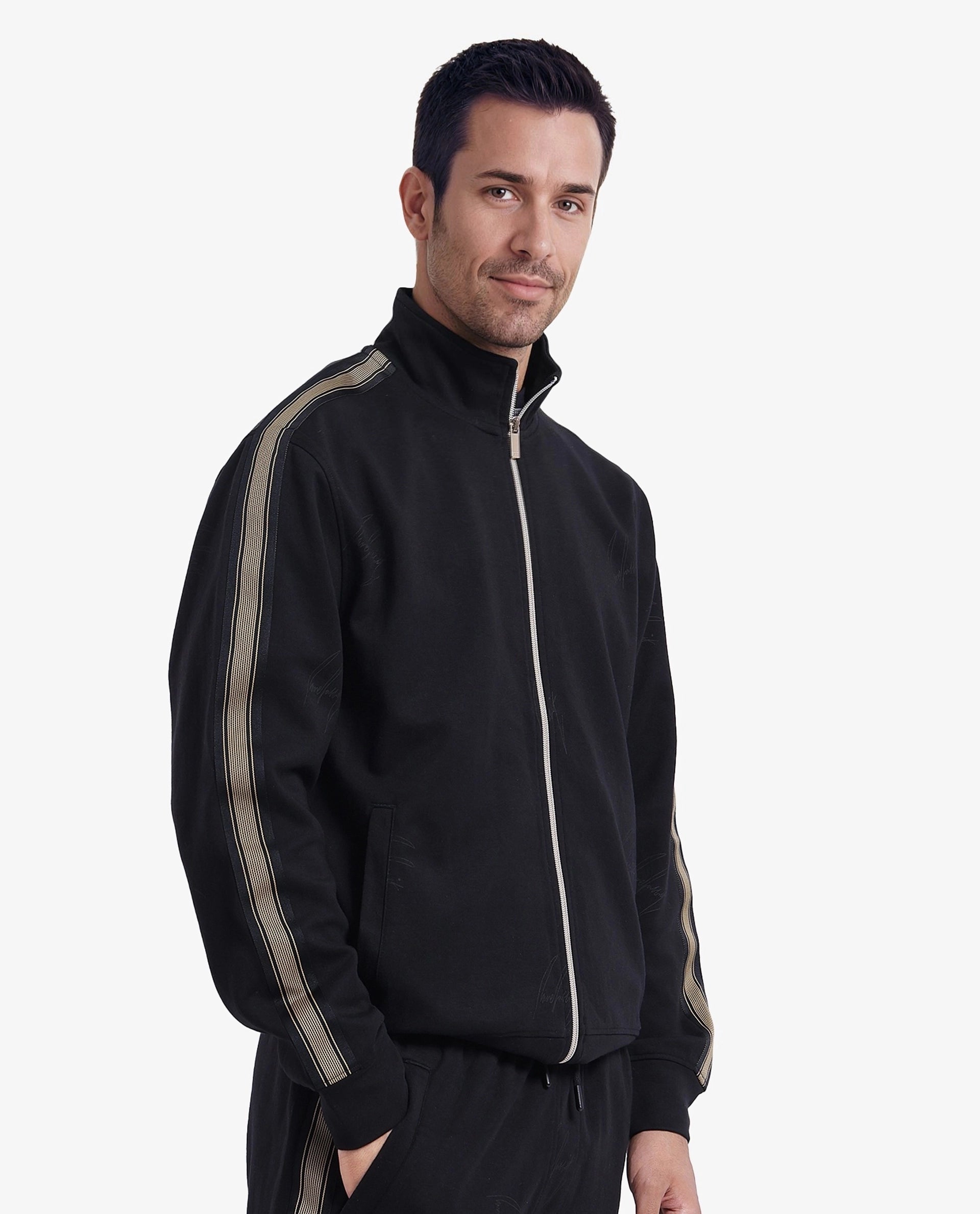 Rare Rabbit Men Jacksign Black Cotton Blend Fabric Full Sleeve High Neck Zipper Closure Signature Printed Jacket