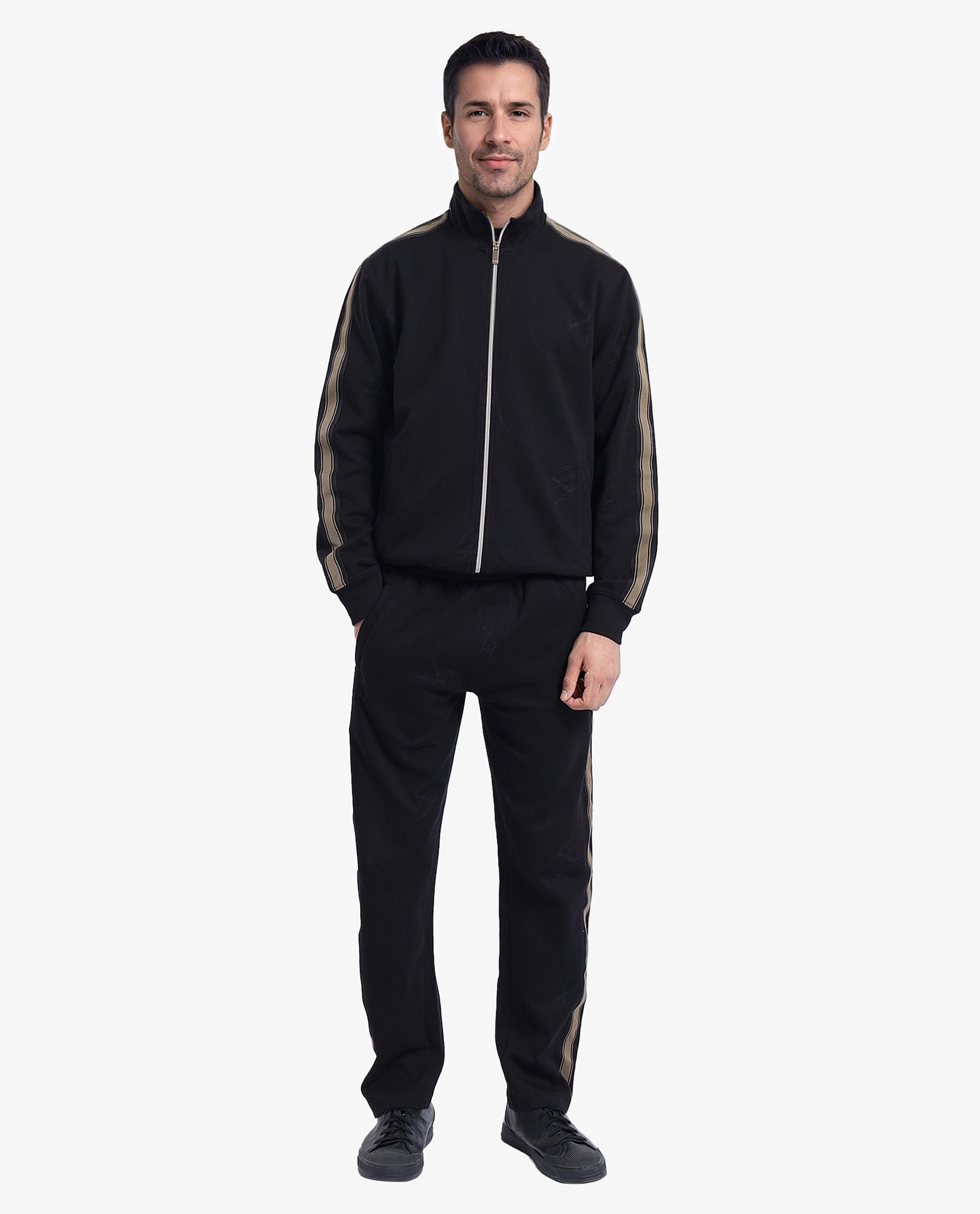 Rare Rabbit Men Jacksign Black Cotton Blend Fabric Full Sleeve High Neck Zipper Closure Signature Printed Jacket