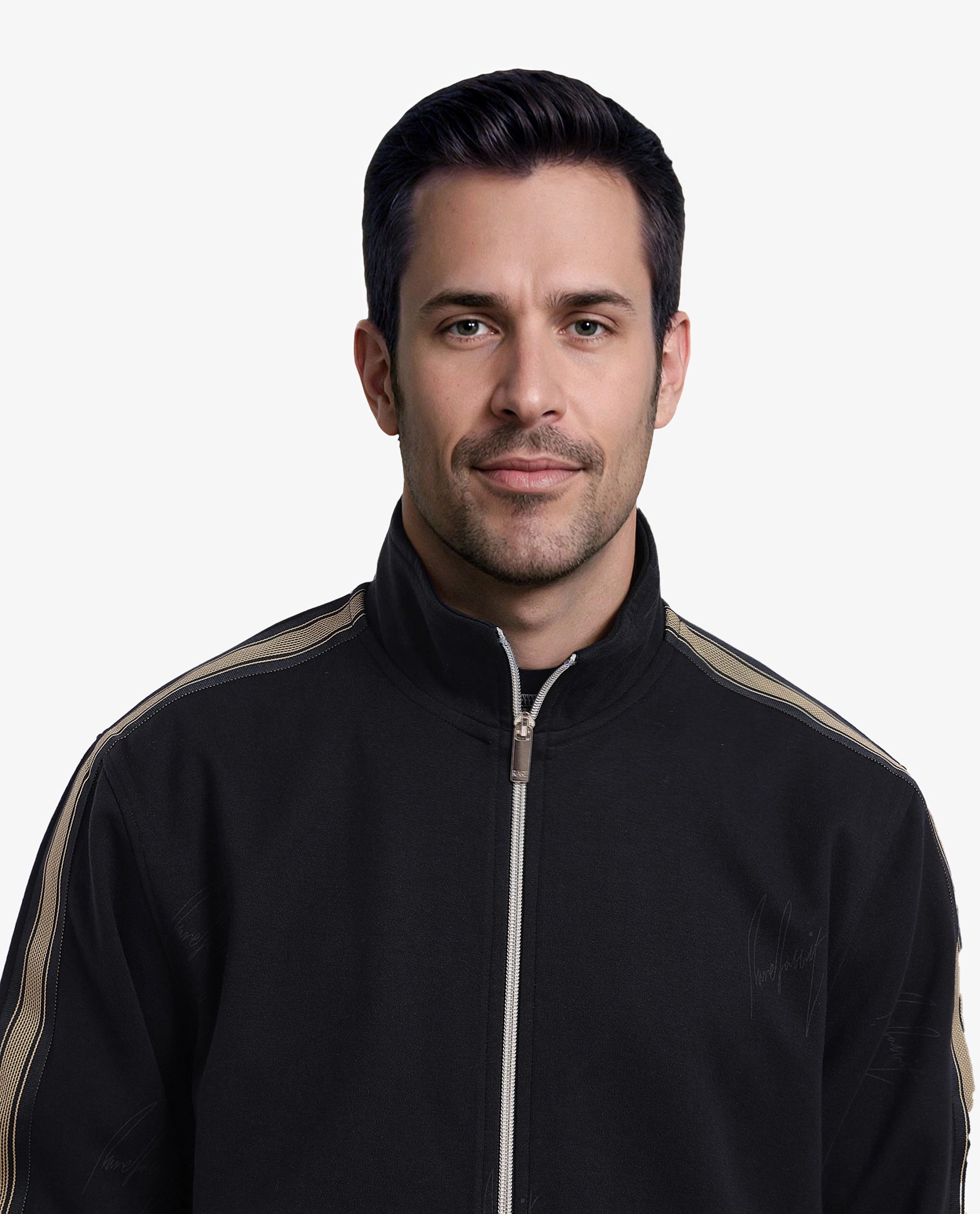 Rare Rabbit Men Jacksign Black Cotton Blend Fabric Full Sleeve High Neck Zipper Closure Signature Printed Jacket