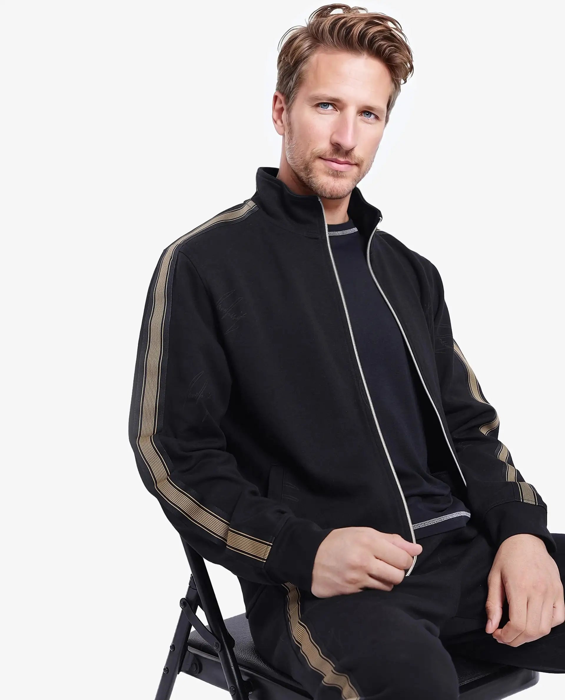 Rare Rabbit Men Jacksign Black Cotton Blend Fabric Full Sleeve High Neck Zipper Closure Signature Printed Jacket