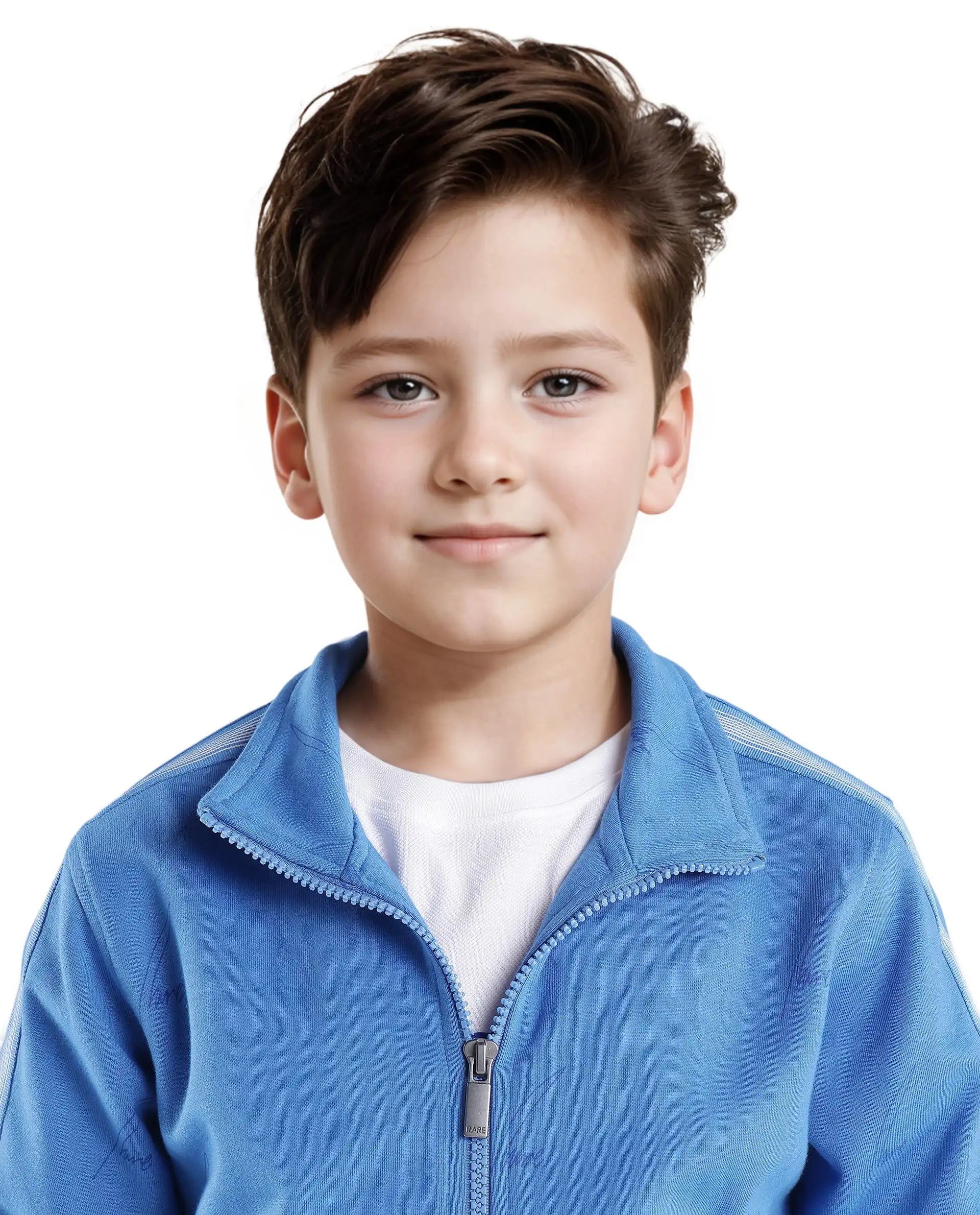 Rare Ones Kids Jacksign Blue Cotton Full Sleeves High Neck Striped Sleeve Zipper Closure Jelly Print Jacket