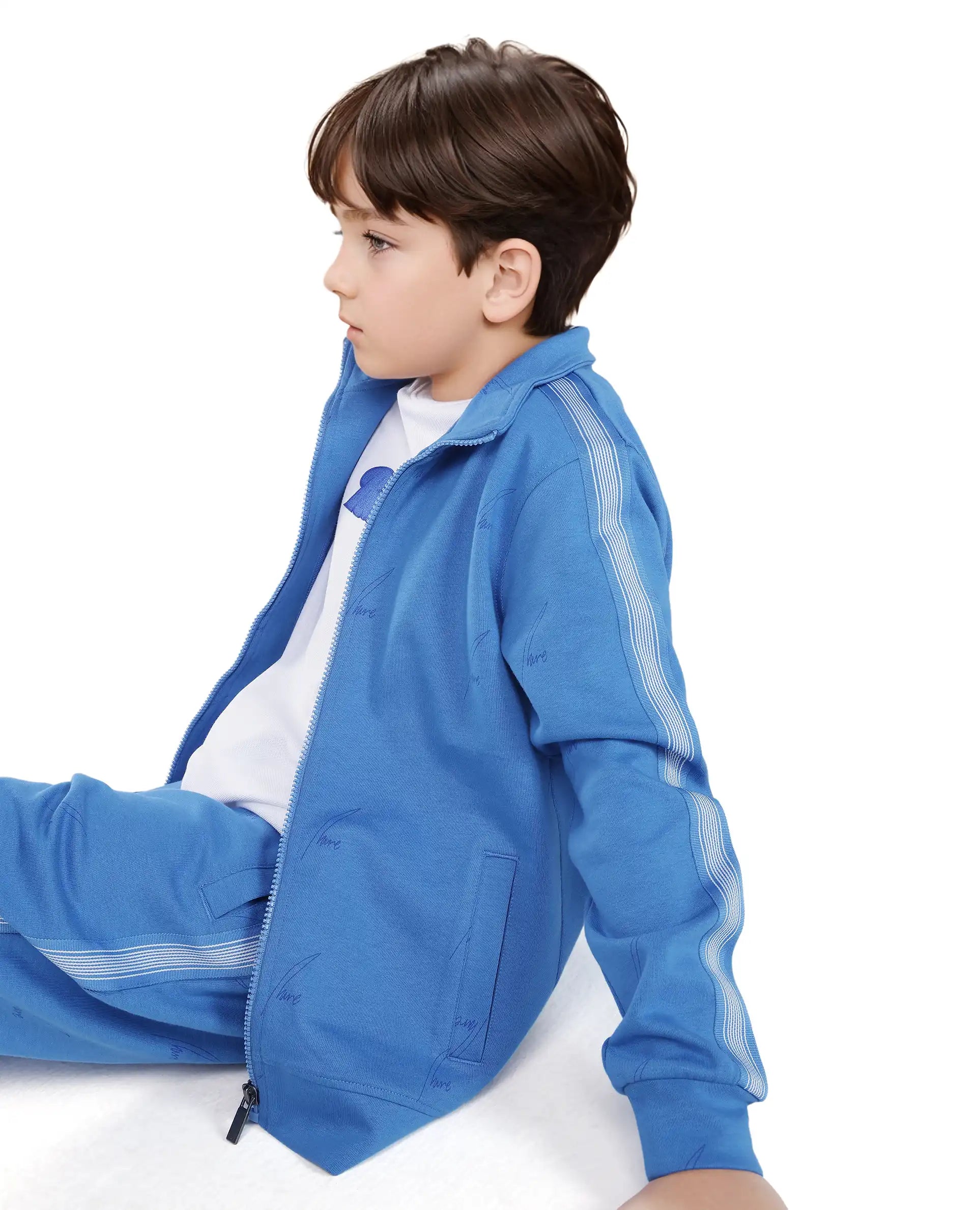 Rare Ones Kids Jacksign Blue Cotton Full Sleeves High Neck Striped Sleeve Zipper Closure Jelly Print Jacket