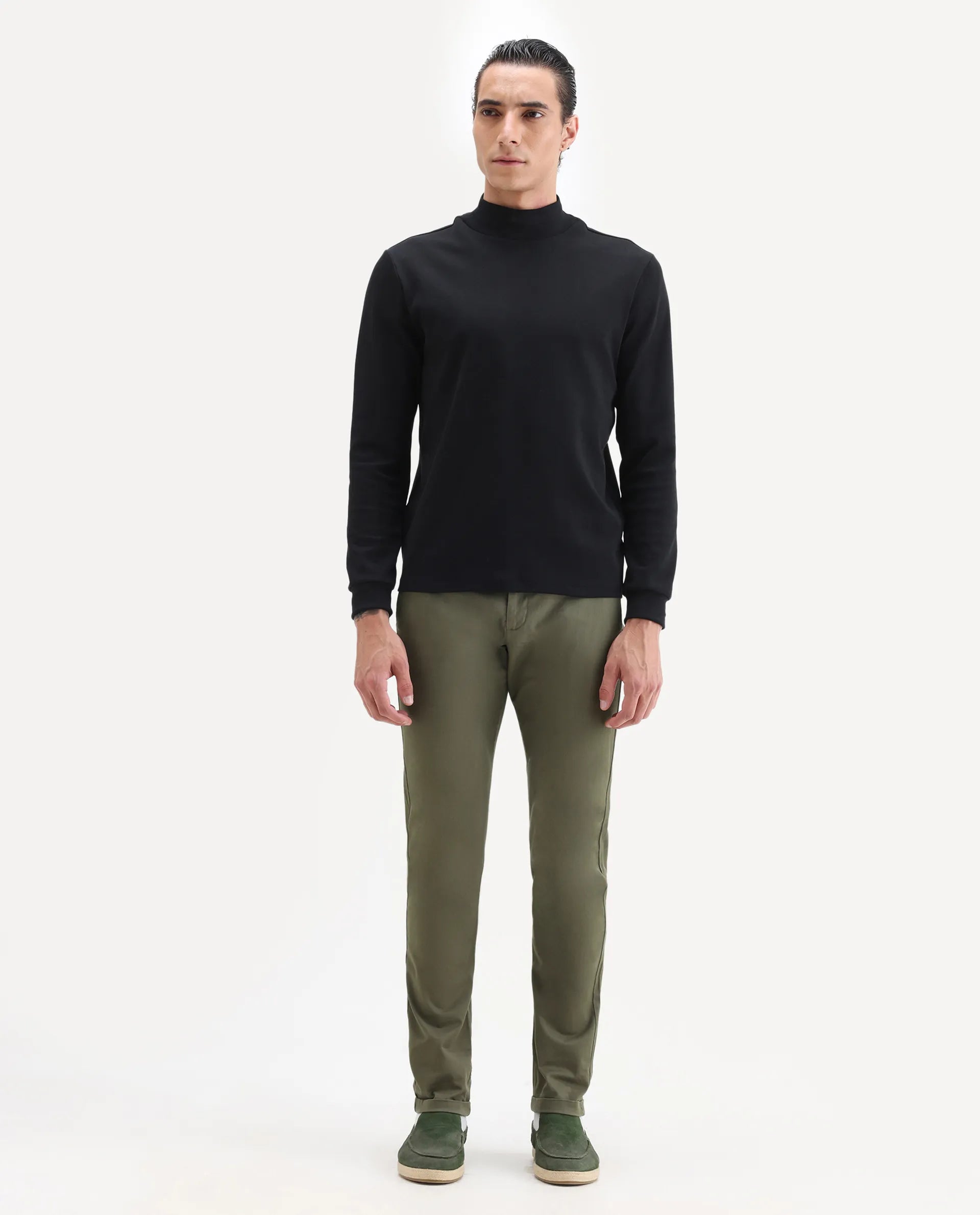 Rare Rabbit Men's Jacob Dark Olive Cotton Plain Regular Fit Trouser