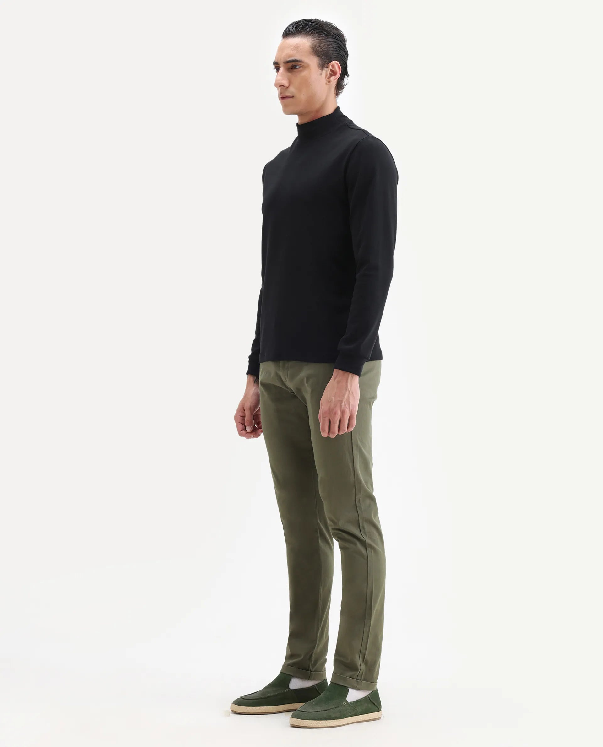 Rare Rabbit Men's Jacob Dark Olive Cotton Plain Regular Fit Trouser