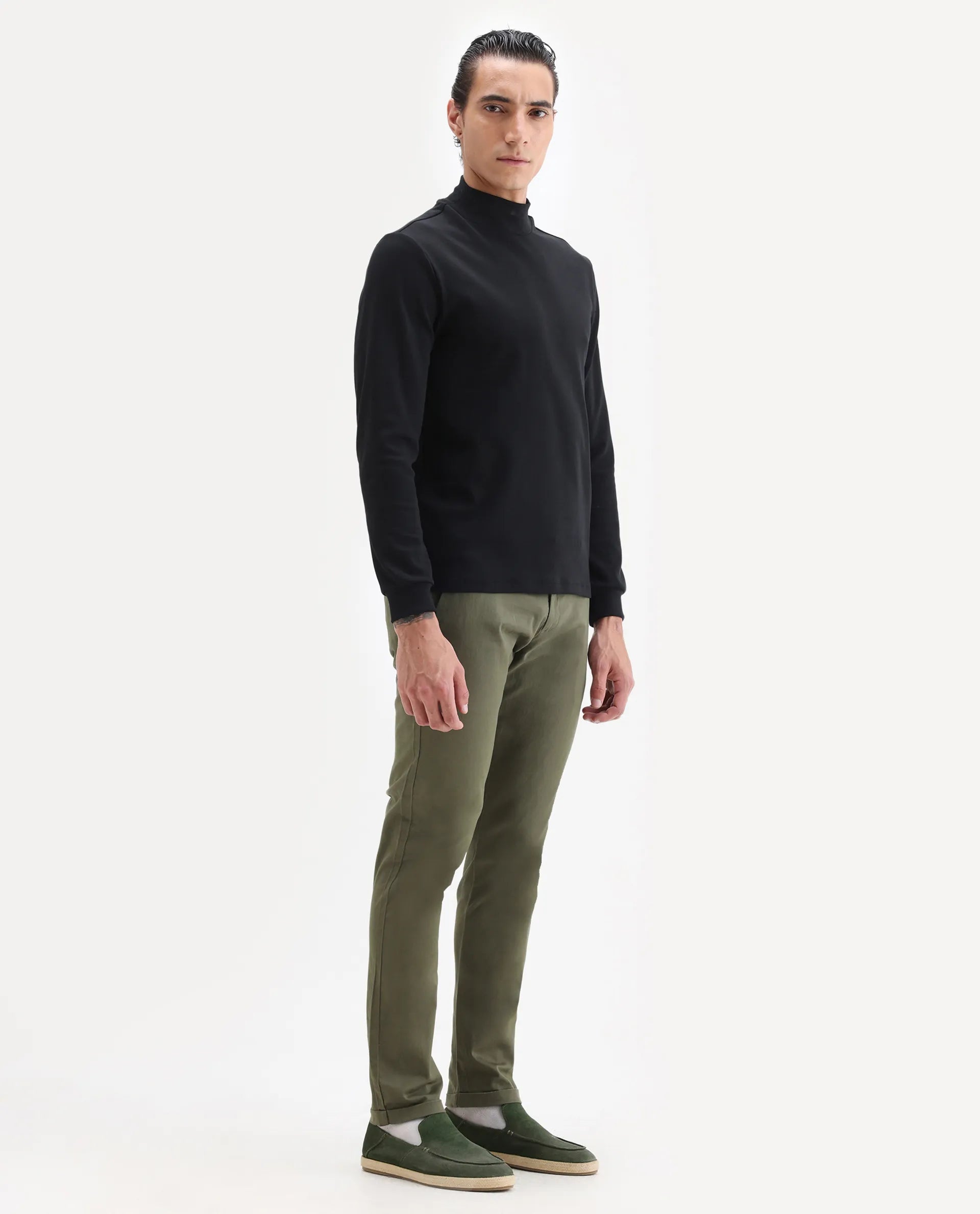 Rare Rabbit Men's Jacob Dark Olive Cotton Plain Regular Fit Trouser