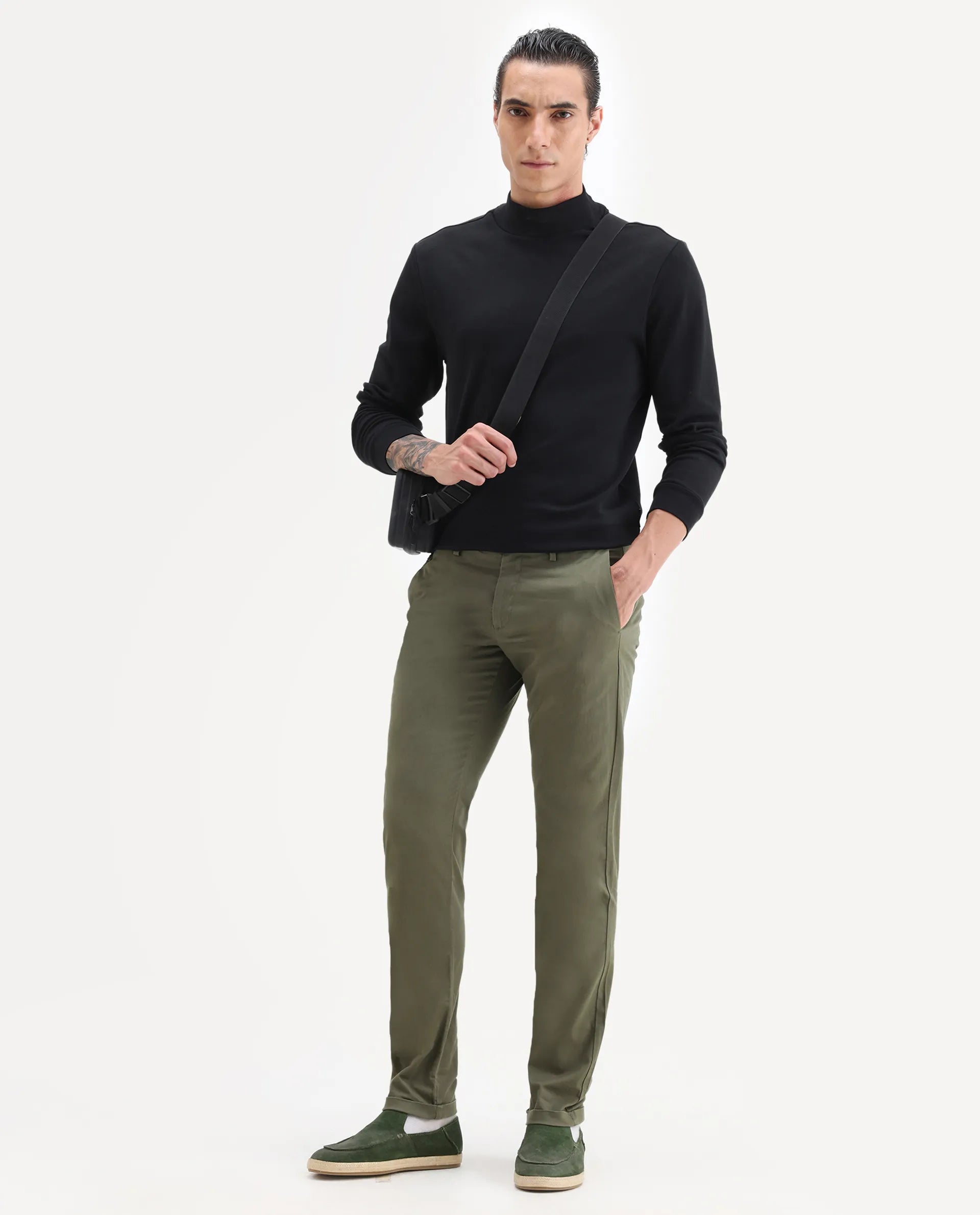 Rare Rabbit Men's Jacob Dark Olive Cotton Plain Regular Fit Trouser