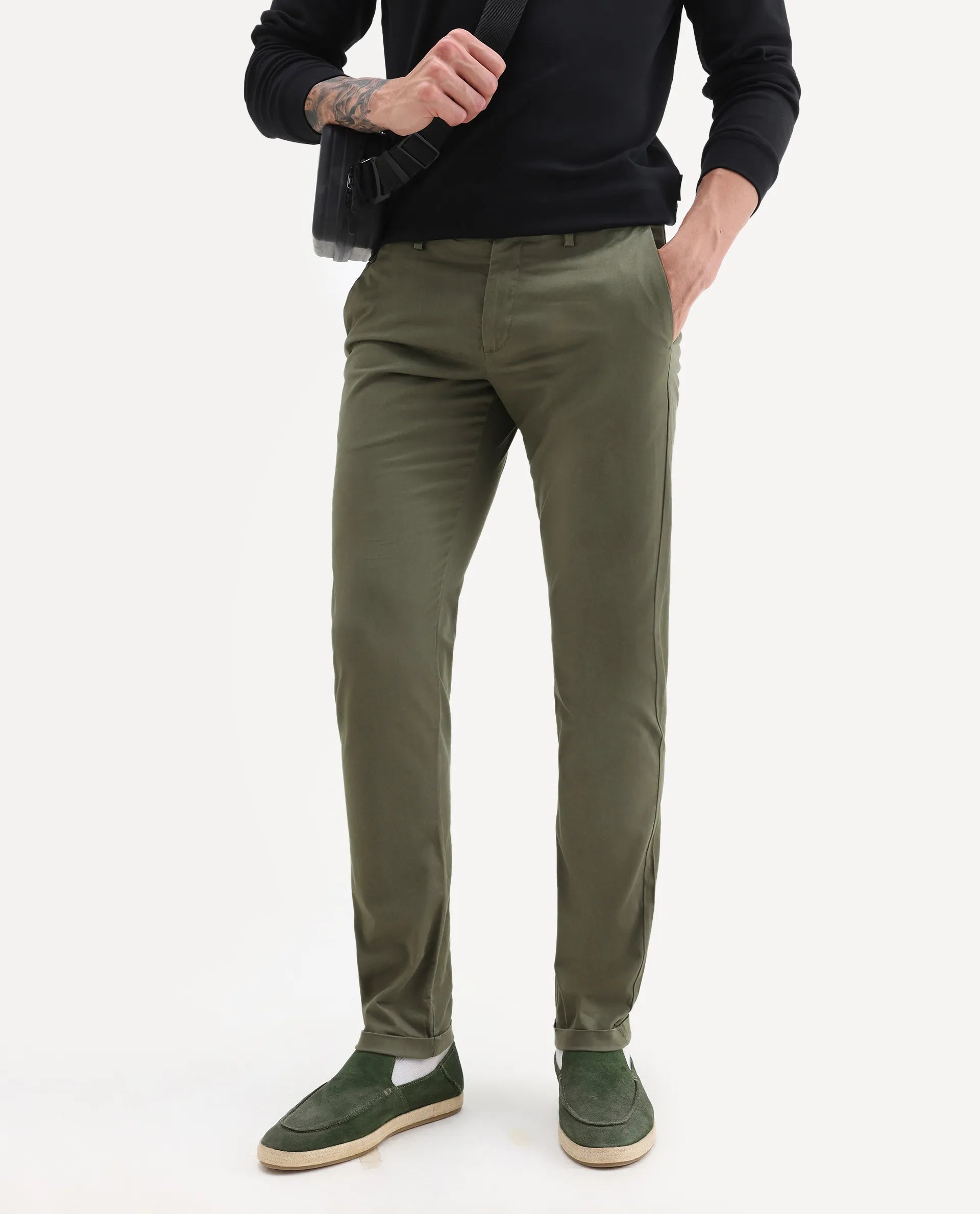 Rare Rabbit Men's Jacob Dark Olive Cotton Plain Regular Fit Trouser