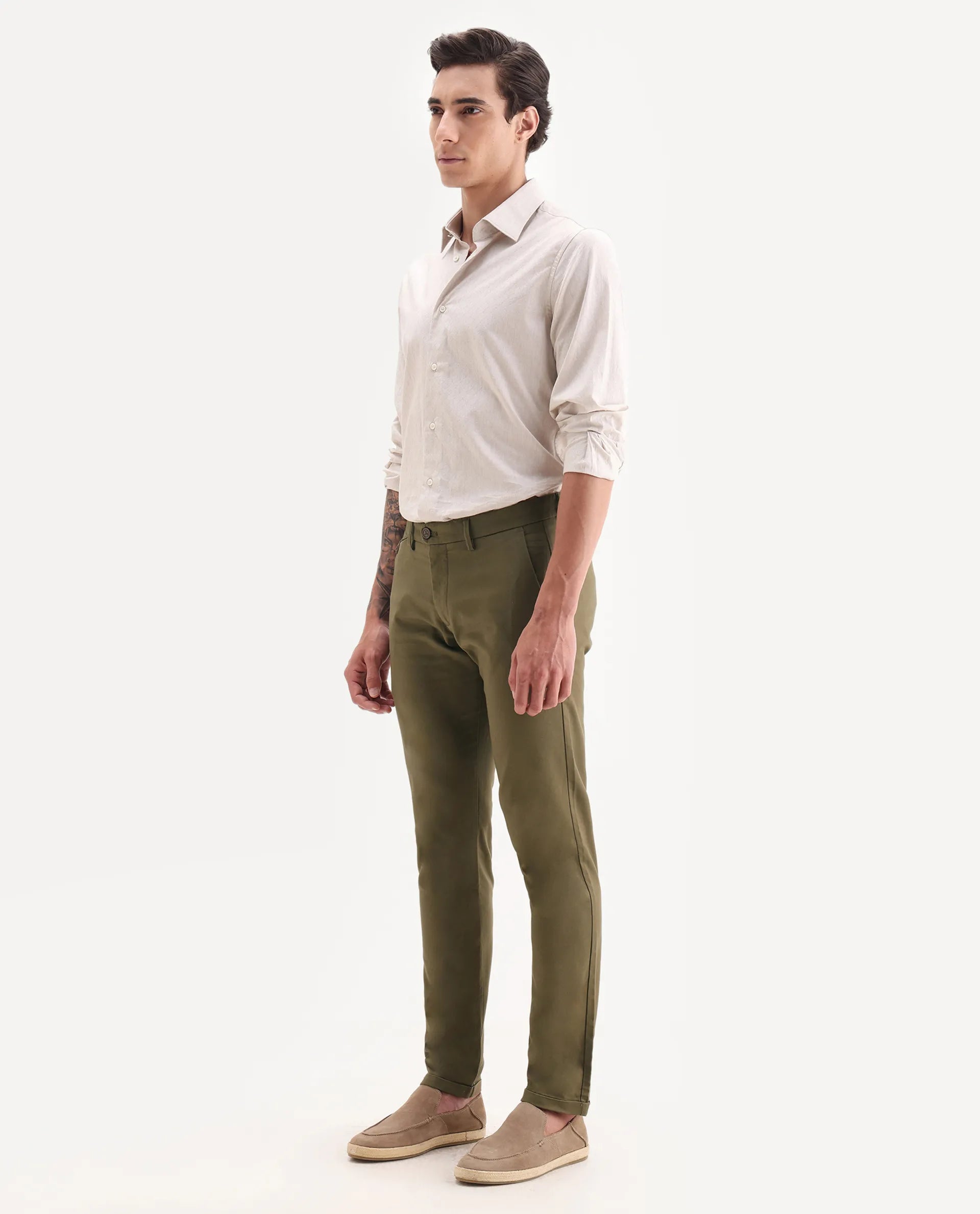 Rare Rabbit Men's Jacob Olive Cotton Plain Regular Fit Trouser