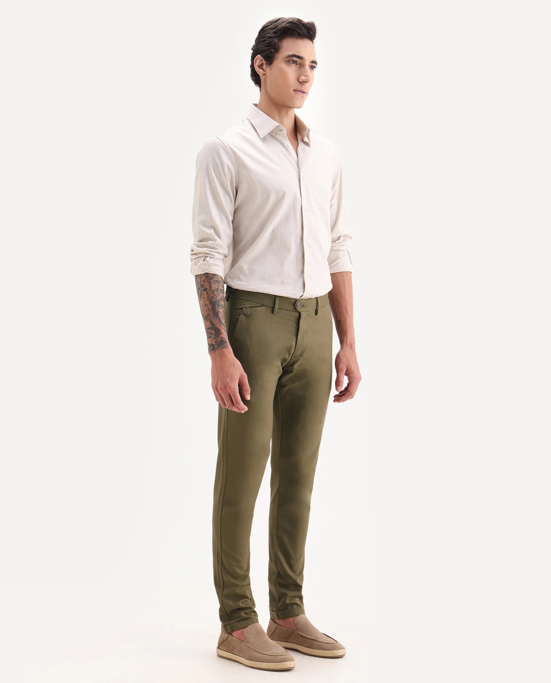 Rare Rabbit Men's Jacob Olive Cotton Plain Regular Fit Trouser