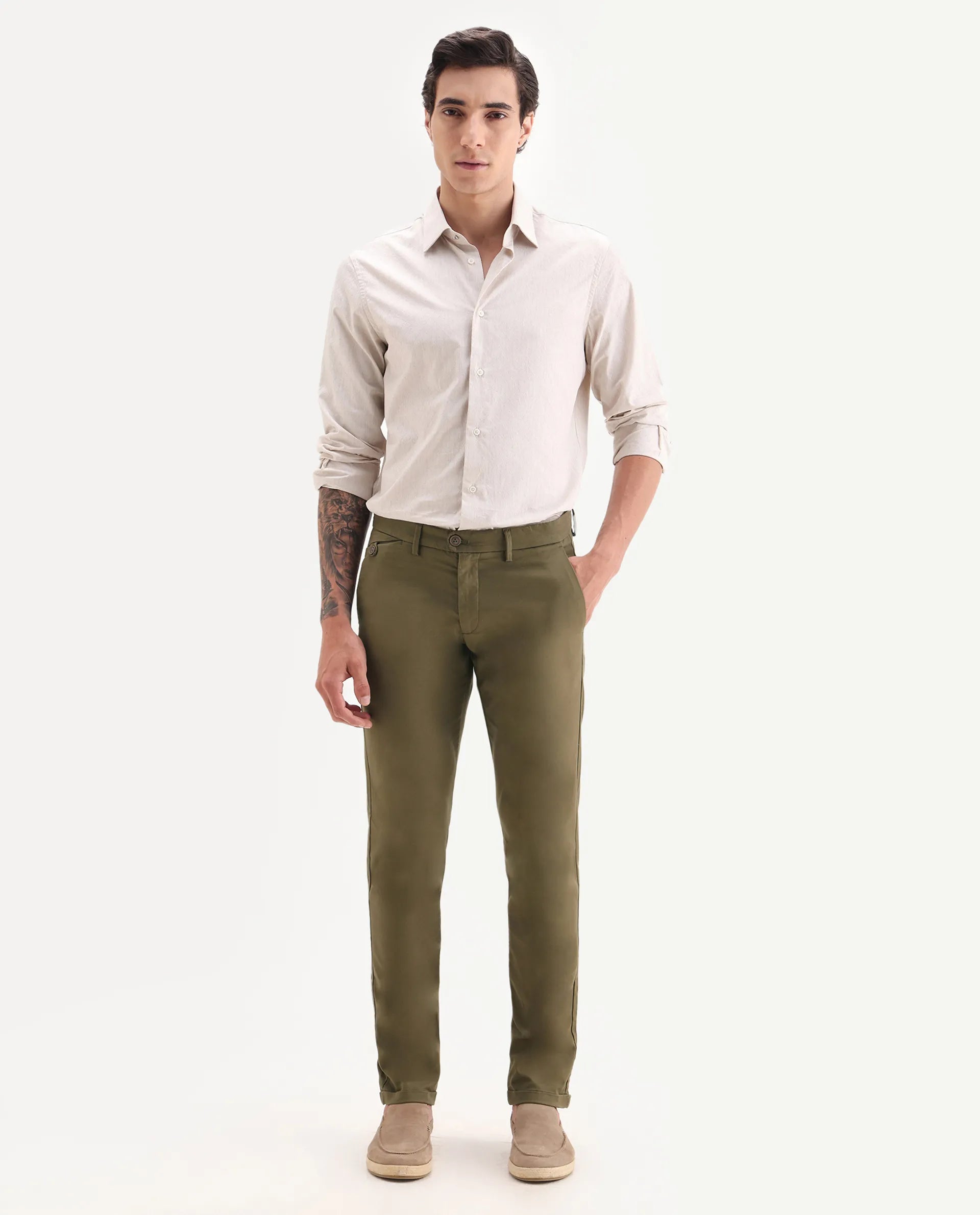 Rare Rabbit Men's Jacob Olive Cotton Plain Regular Fit Trouser