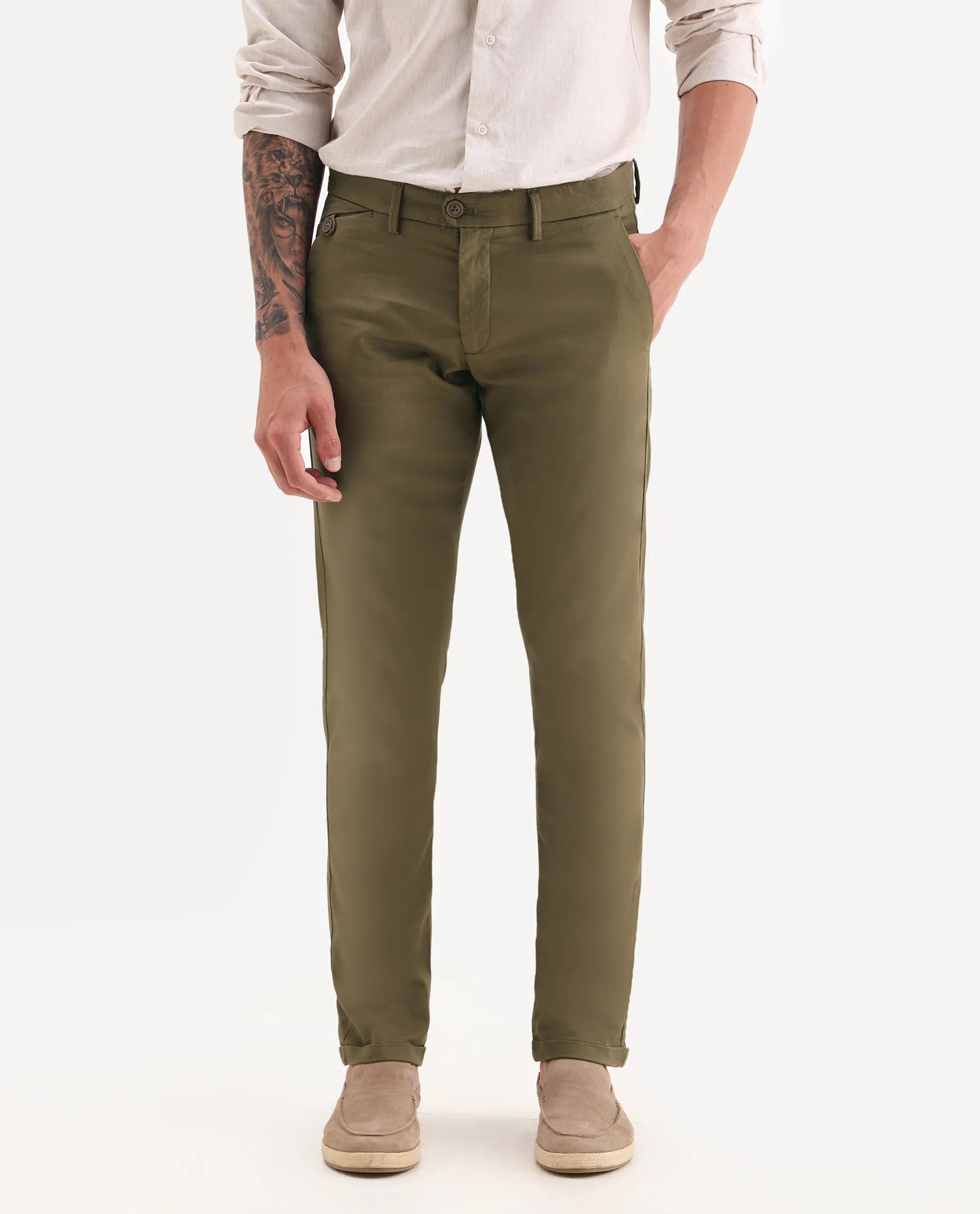 Rare Rabbit Men's Jacob Olive Cotton Plain Regular Fit Trouser