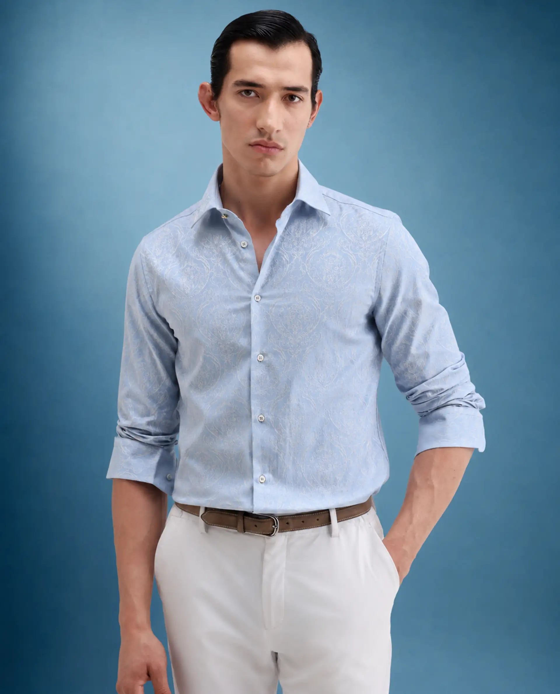 Rare Rabbit Men's Jaco Dusky Blue Cotton Fabric Full Sleeve Spread Collar Button Regular Jacquard Shirt