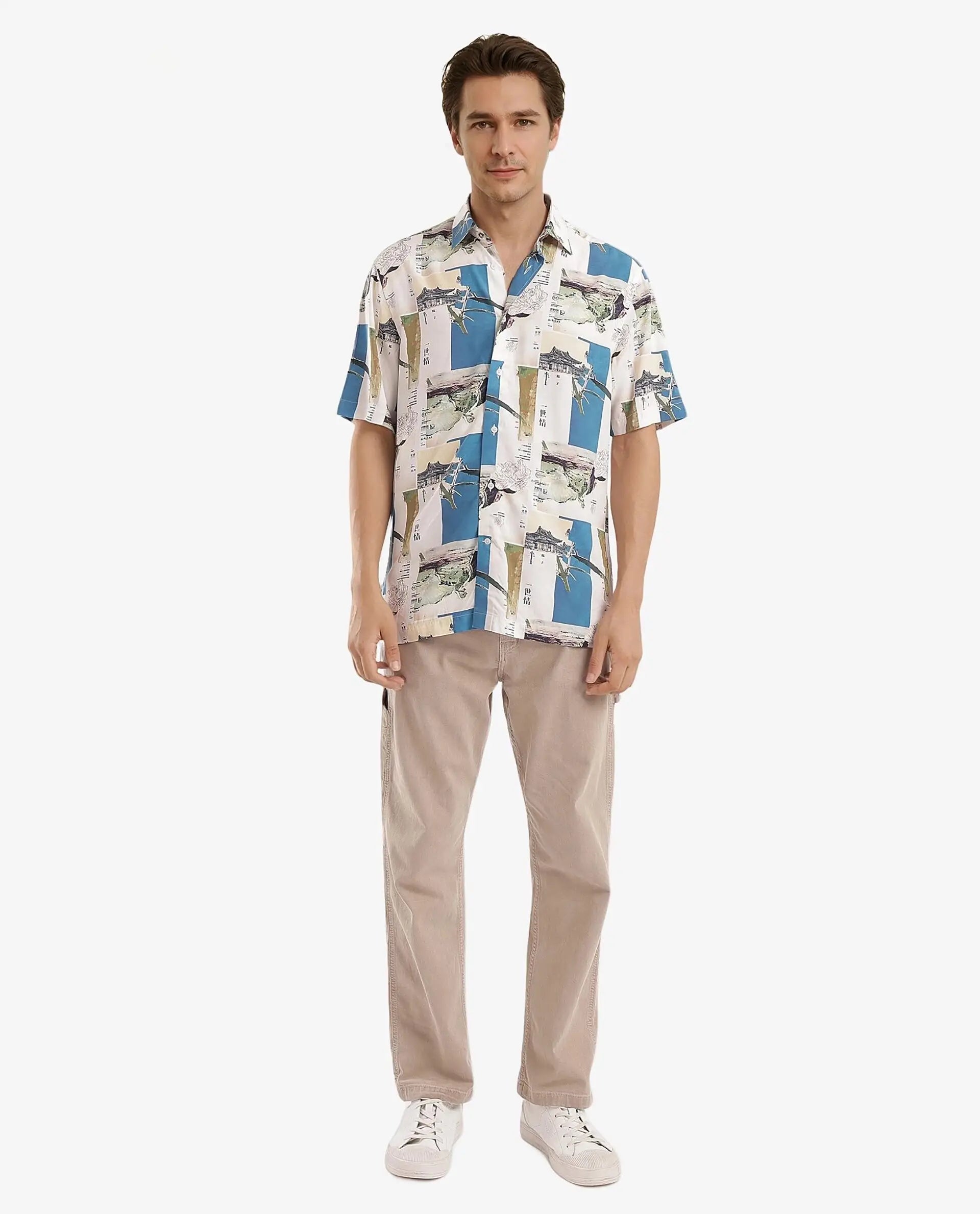 Rare Rabbit Mens Jacso Blue Viscose Fabric Short Sleeve Regular Fit Abtsract Print Shirt