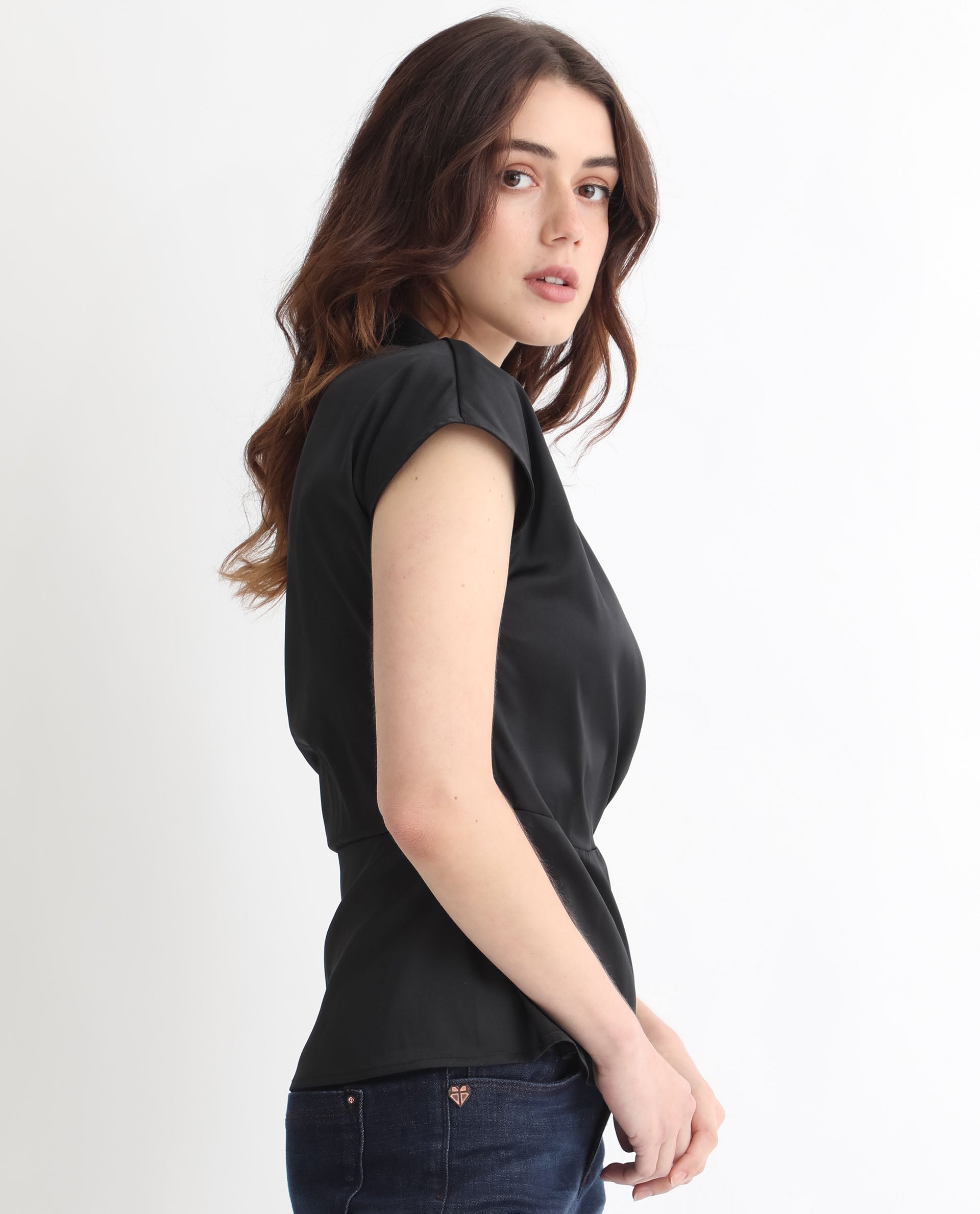 Rareism Women Jadak Black Polyester Fabric Regular Fit Collarless Sleeveless Solid Top