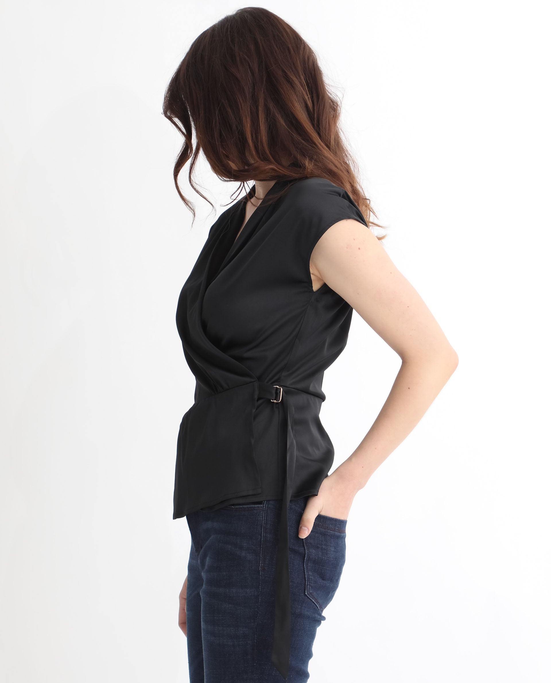 Rareism Women Jadak Black Polyester Fabric Regular Fit Collarless Sleeveless Solid Top