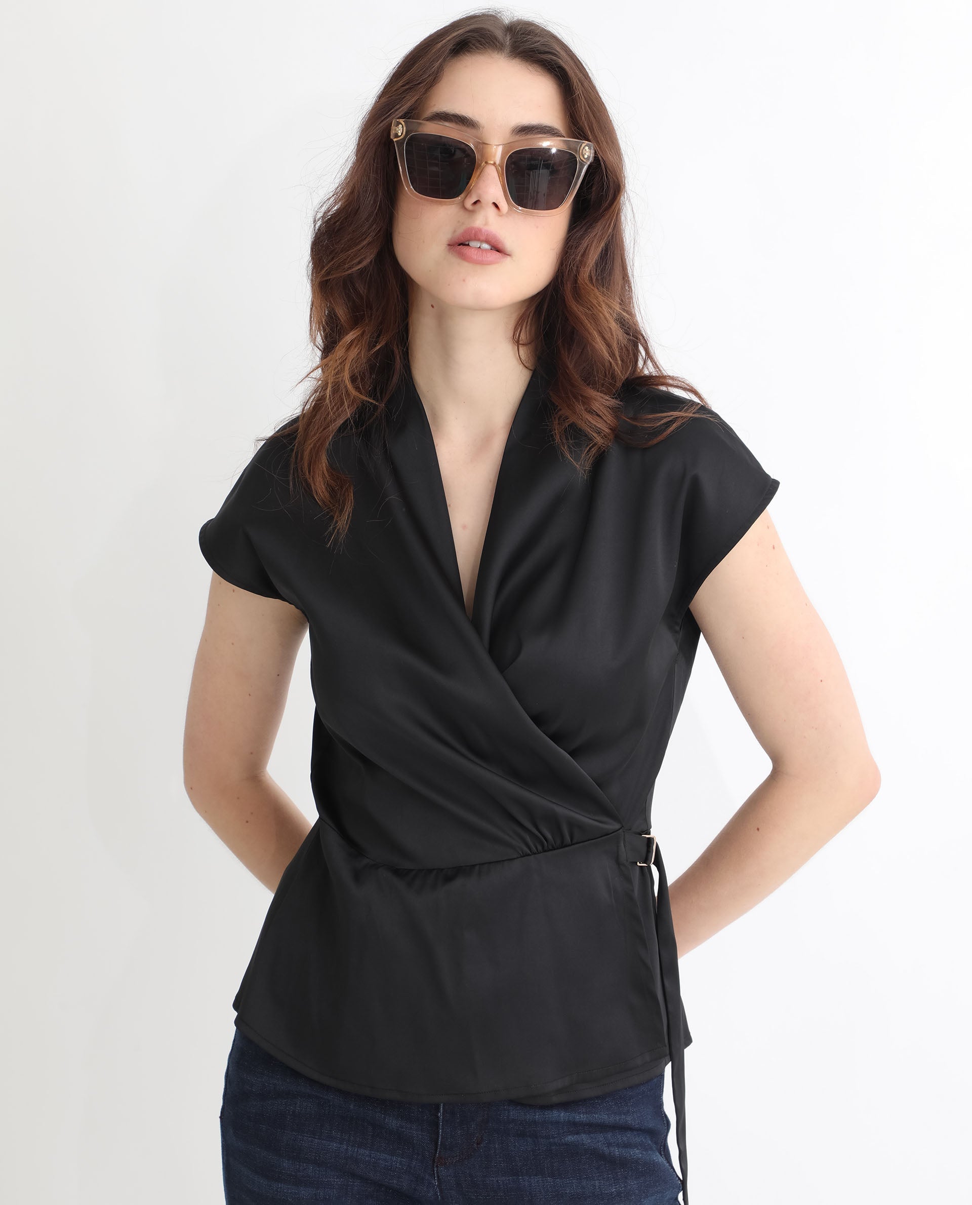 Rareism Women Jadak Black Polyester Fabric Regular Fit Collarless Sleeveless Solid Top