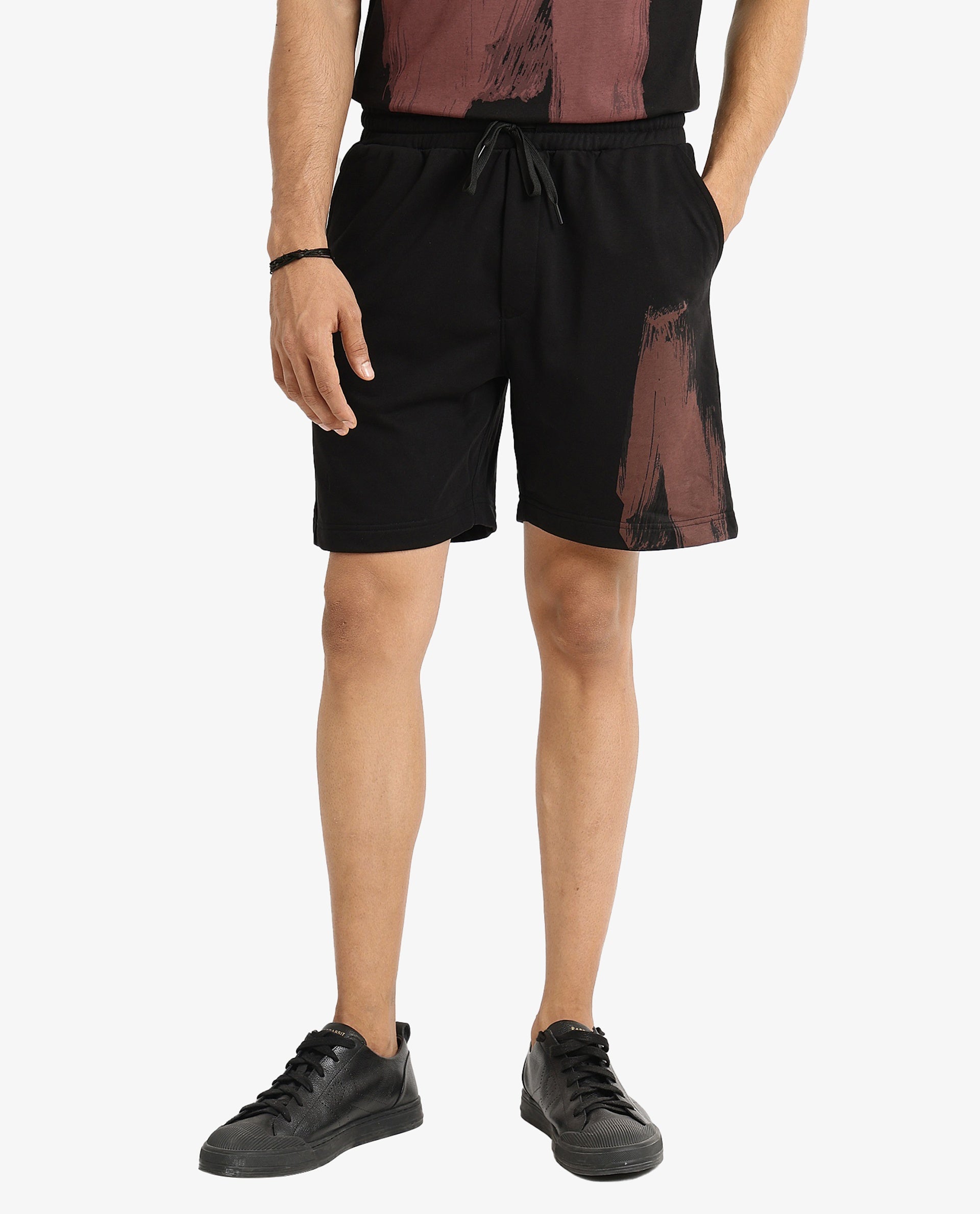 Rare Rabbit Men Jade-B Black Terry Cotton Polyester Fabric Drawstring Closure Oversized Fit Abstract Graphic Print Shorts