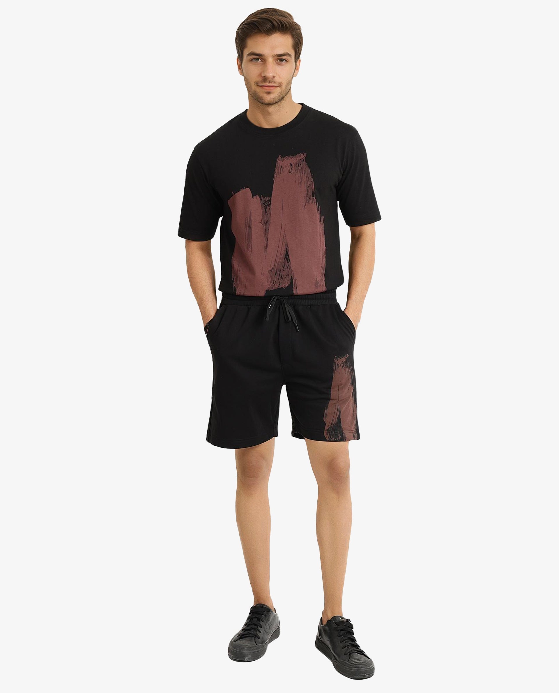 Rare Rabbit Men Jade-B Black Terry Cotton Polyester Fabric Drawstring Closure Oversized Fit Abstract Graphic Print Shorts