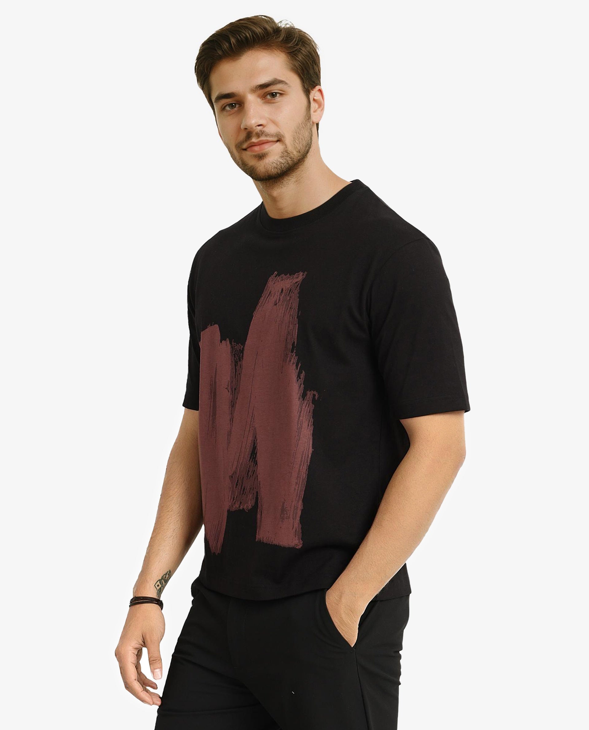 Rare Rabbit Men Jade Black Cotton Fabric Short Sleeve Crew Neck Oversized Fit Abstract Graphic Print T-Shirt