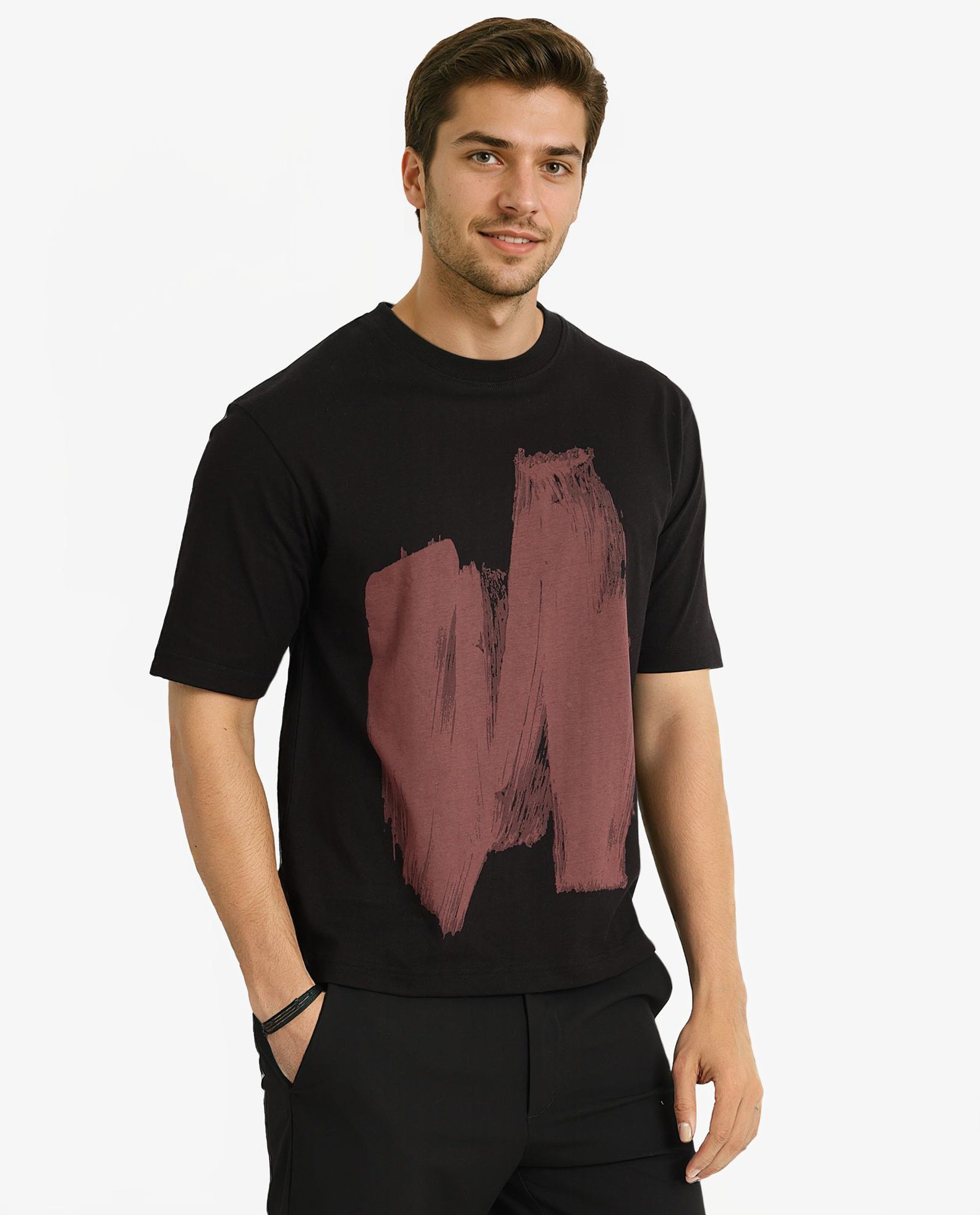 Rare Rabbit Men Jade Black Cotton Fabric Short Sleeve Crew Neck Oversized Fit Abstract Graphic Print T-Shirt