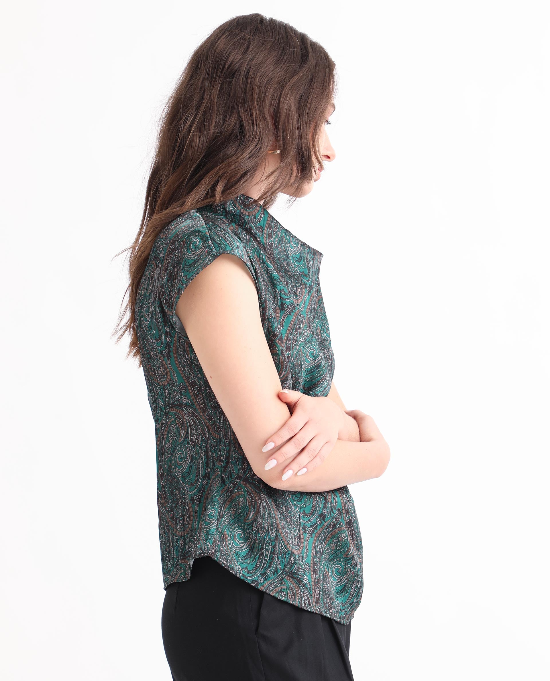 Rareism Women Jadeny Dark Green Polyester Fabric Short Sleeves Button Closure Cowl Neck Extended Sleeve Regular Fit Paisley Print Blouse Top