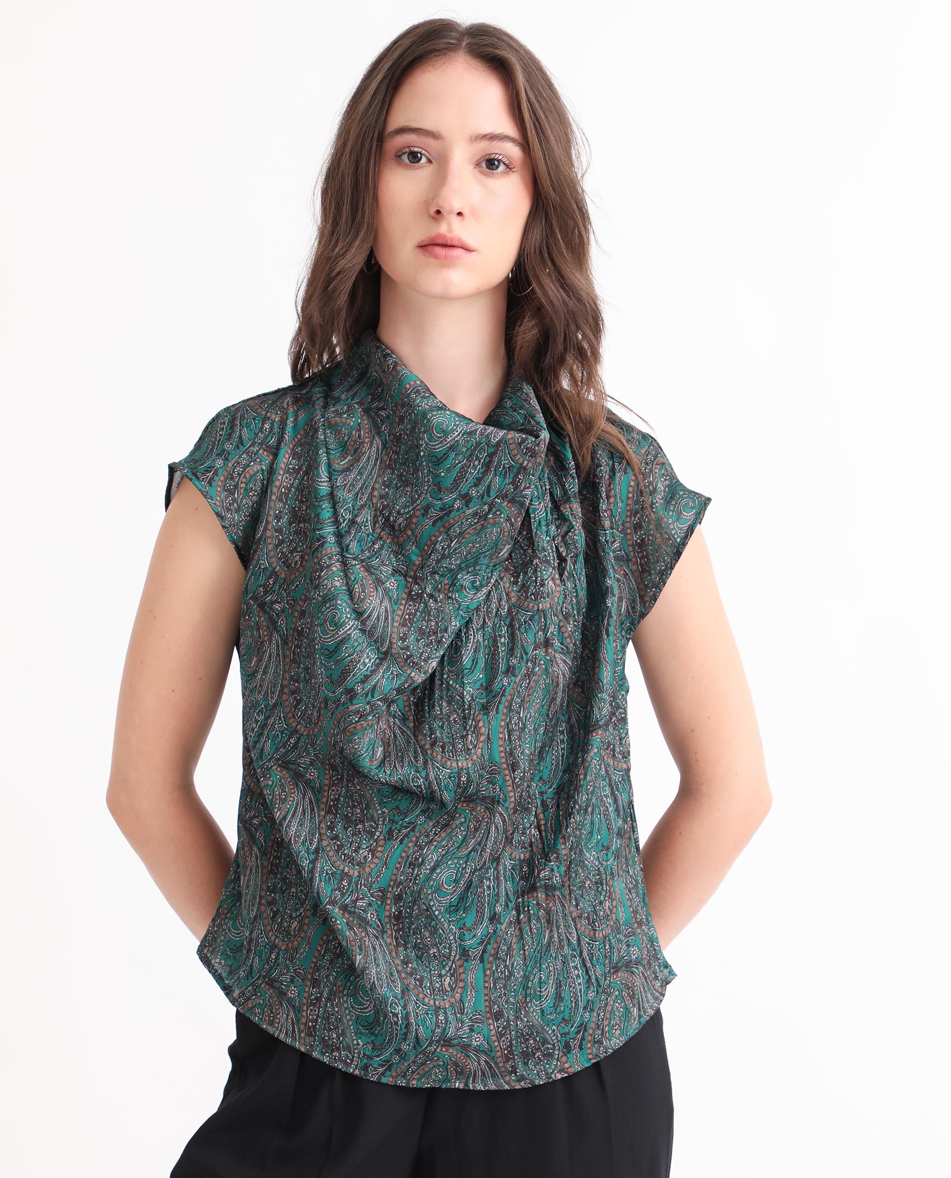 Rareism Women Jadeny Dark Green Polyester Fabric Short Sleeves Button Closure Cowl Neck Extended Sleeve Regular Fit Paisley Print Blouse Top