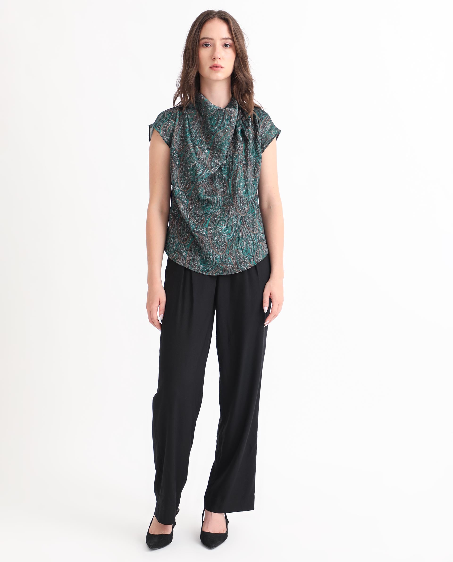 Rareism Women Jadeny Dark Green Polyester Fabric Short Sleeves Button Closure Cowl Neck Extended Sleeve Regular Fit Paisley Print Blouse Top