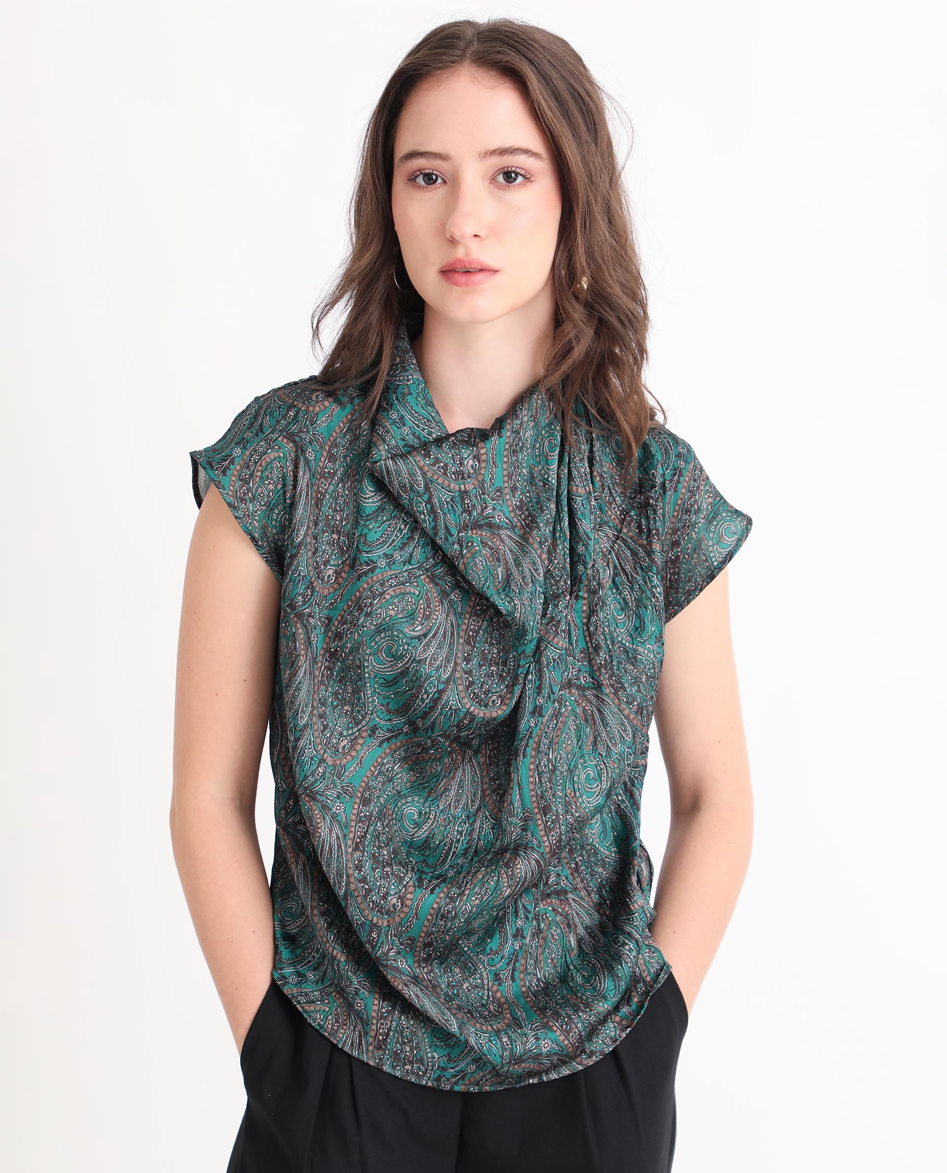 Rareism Women Jadeny Dark Green Polyester Fabric Short Sleeves Button Closure Cowl Neck Extended Sleeve Regular Fit Paisley Print Blouse Top